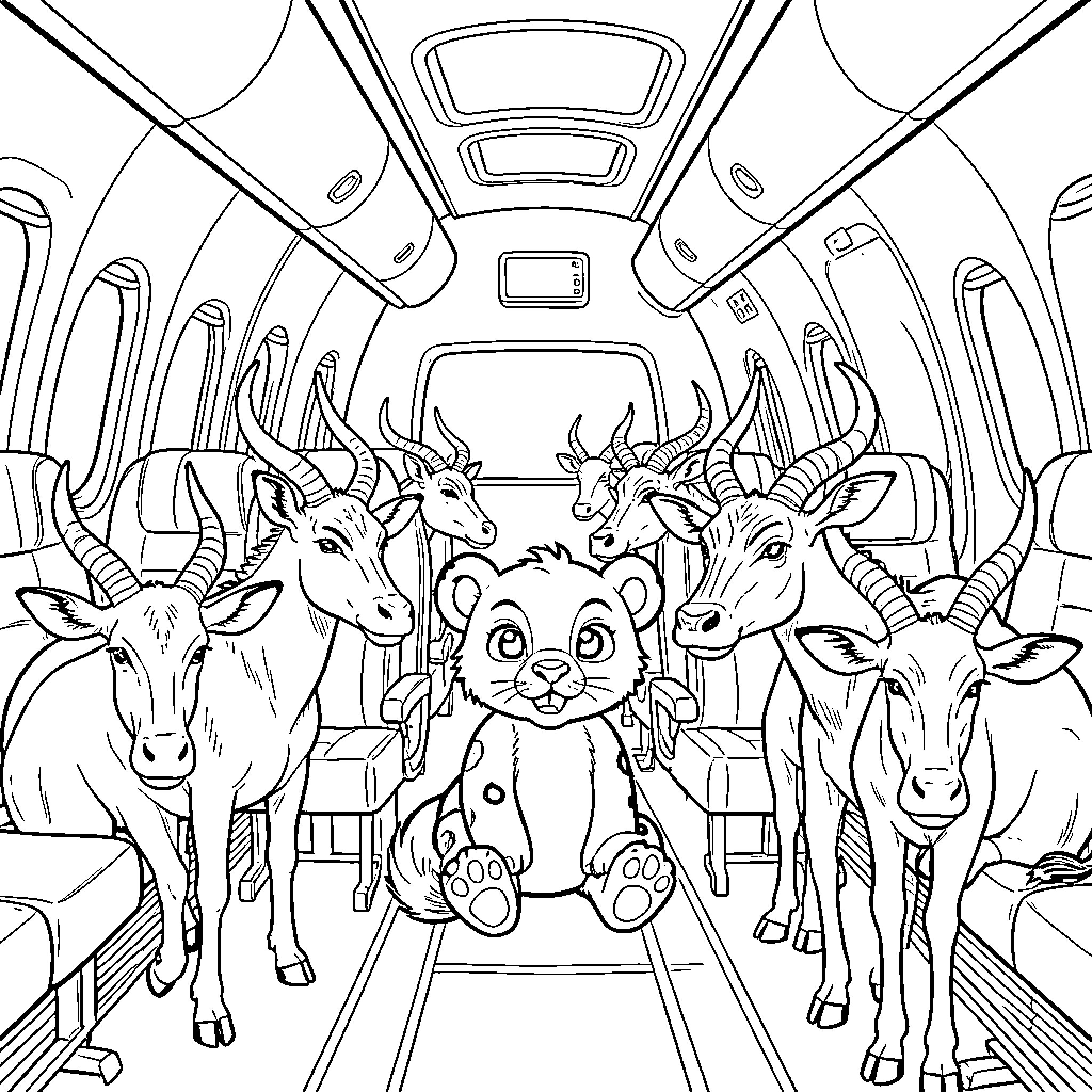 Simba sitting amidst several antelopes inside an airplane Coloring Page (free black-and-white line drawing printable PDF for all, from beginners to advanced learners, including children, teens, adults, and seniors)