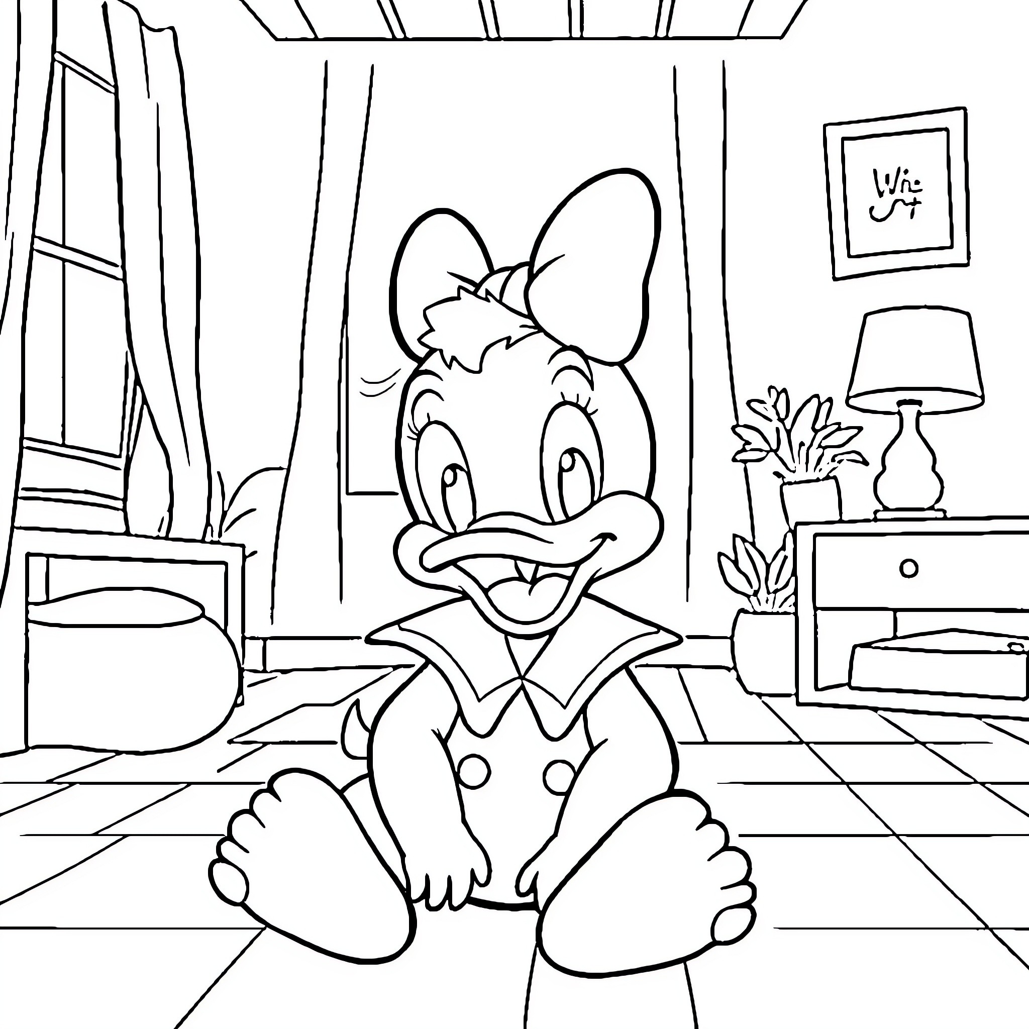 Donald the cartoon duck sitting in a cozy room Coloring Page (free black-and-white line drawing printable PDF for all, from beginners to advanced learners, including children, teens, adults, and seniors)