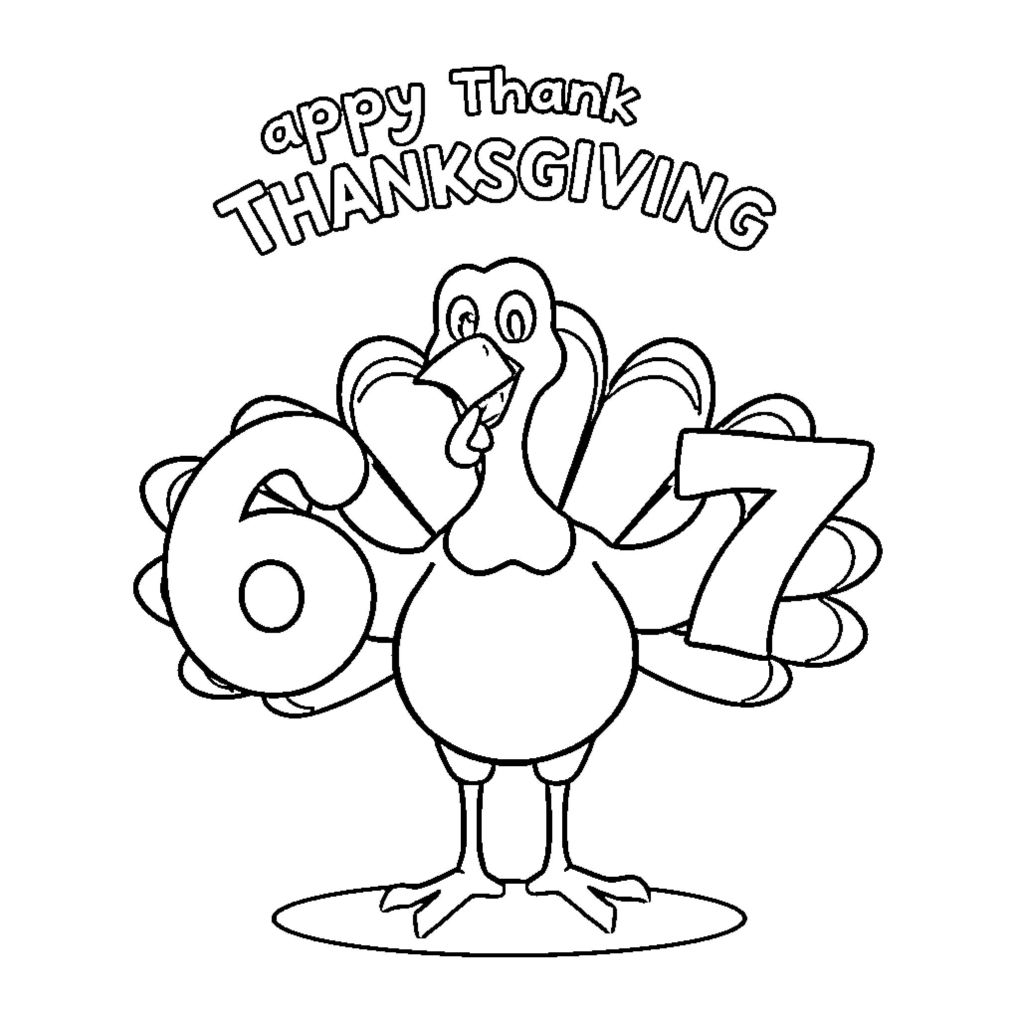 Turkey cartoon wishing Happy Thanksgiving Coloring Page (free black-and-white line drawing printable PDF for all, from beginners to advanced learners, including children, teens, adults, and seniors)