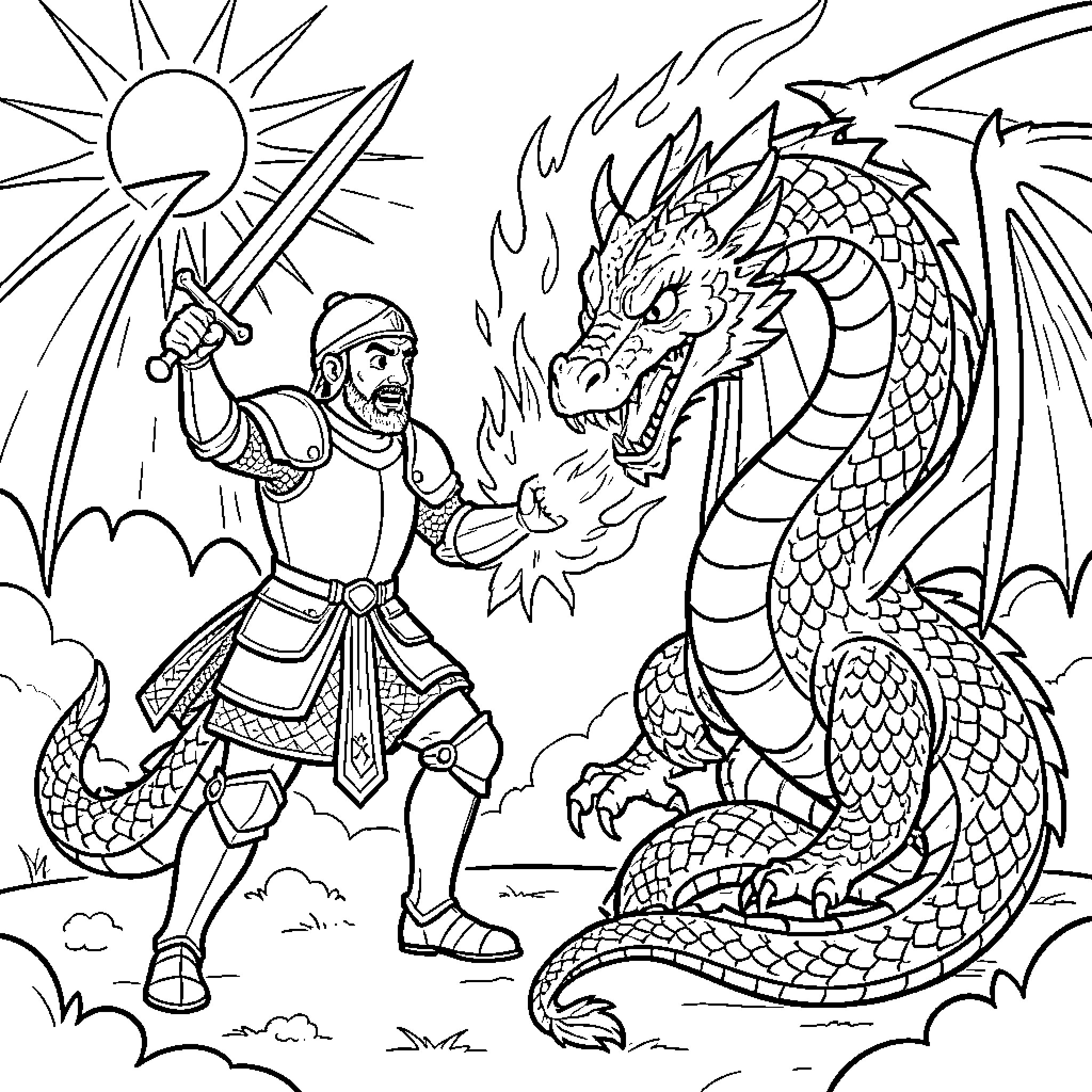 Dragon warrior confronting a fierce fire-breathing dragon Coloring Page (free black-and-white line drawing printable PDF for all, from beginners to advanced learners, including children, teens, adults, and seniors)