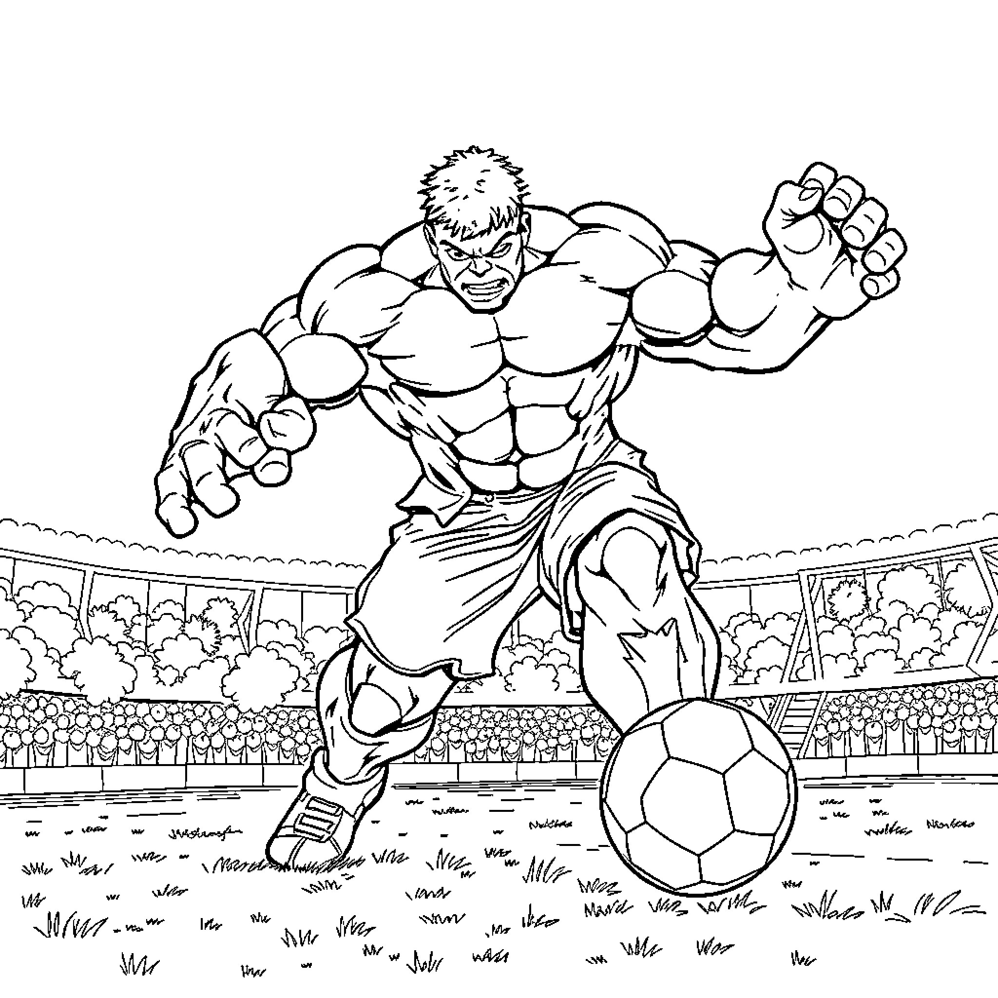 Hulk Smashing Soccer Ball in Stadium Coloring Page (free black-and-white line drawing printable PDF for all, from beginners to advanced learners, including children, teens, adults, and seniors)