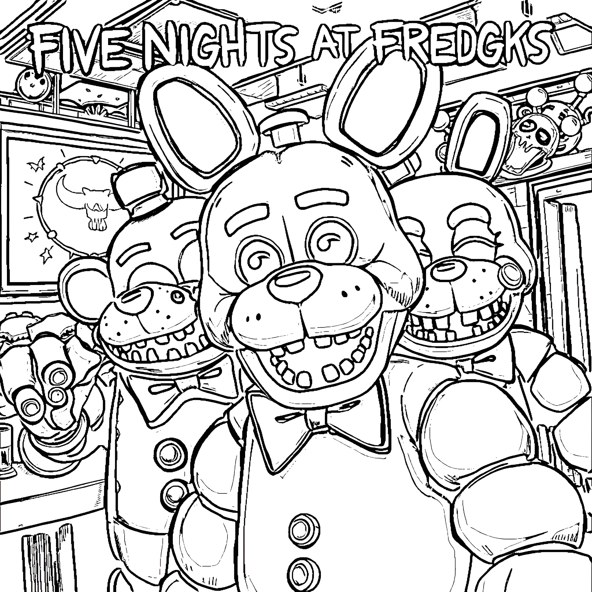 Five Nights At Freddy's Creepy Animatronic Characters Coloring Page (free black-and-white line drawing printable PDF for all, from beginners to advanced learners, including children, teens, adults, and seniors)