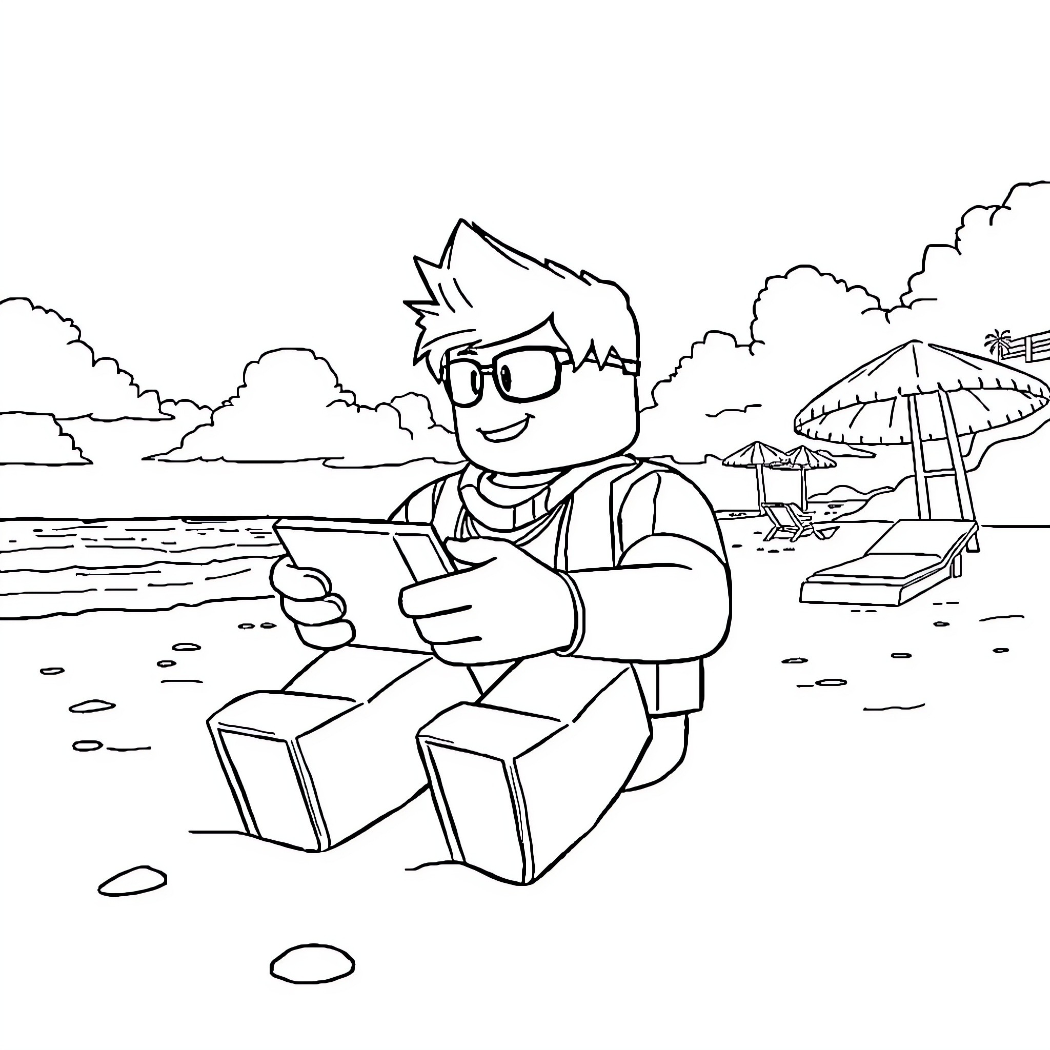 Roblox character relaxing on the beach Coloring Page (free black-and-white line drawing printable PDF for all, from beginners to advanced learners, including children, teens, adults, and seniors)