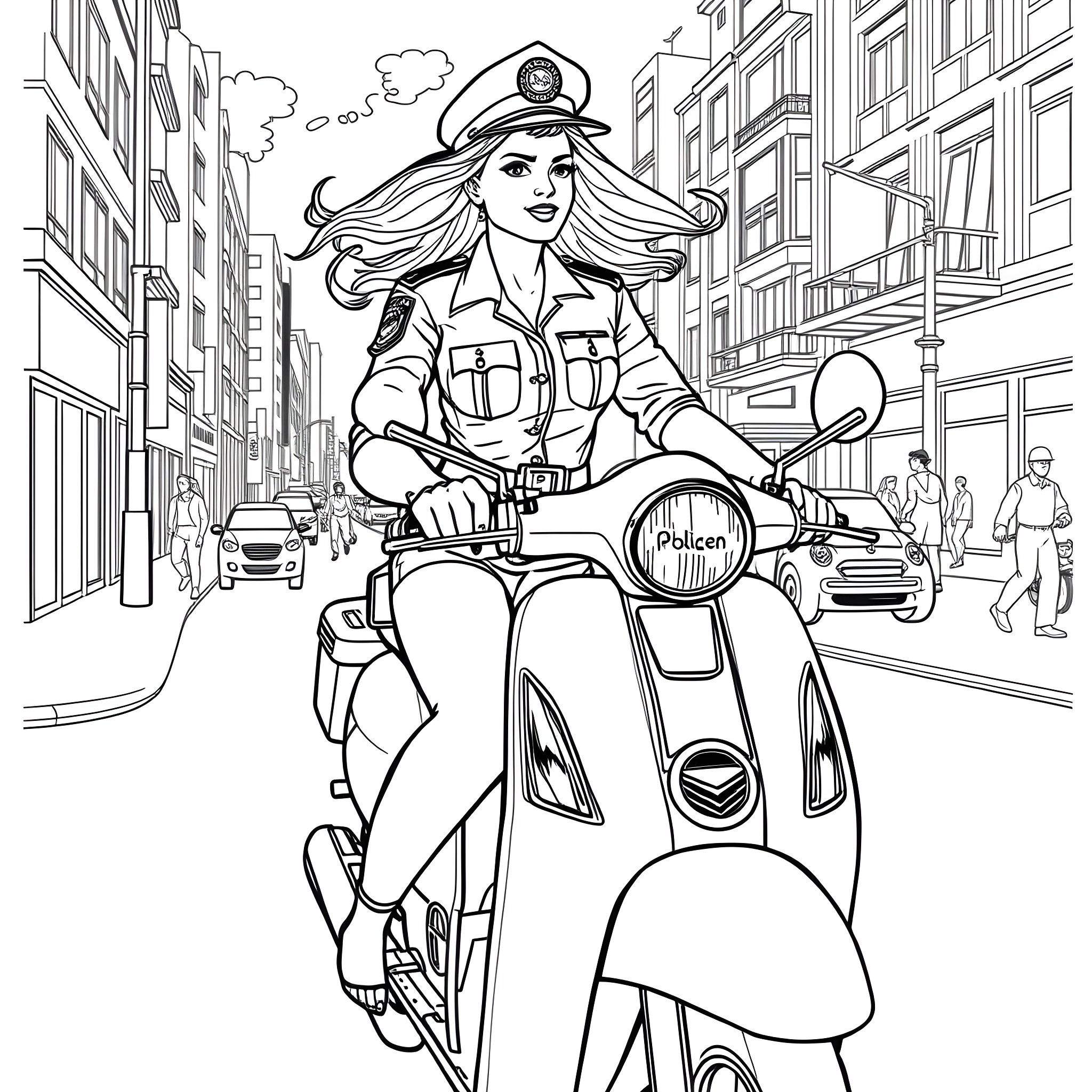 Police Officer Riding Scooter through City Streets Coloring Page (free black-and-white line drawing printable PDF for all, from beginners to advanced learners, including children, teens, adults, and seniors)