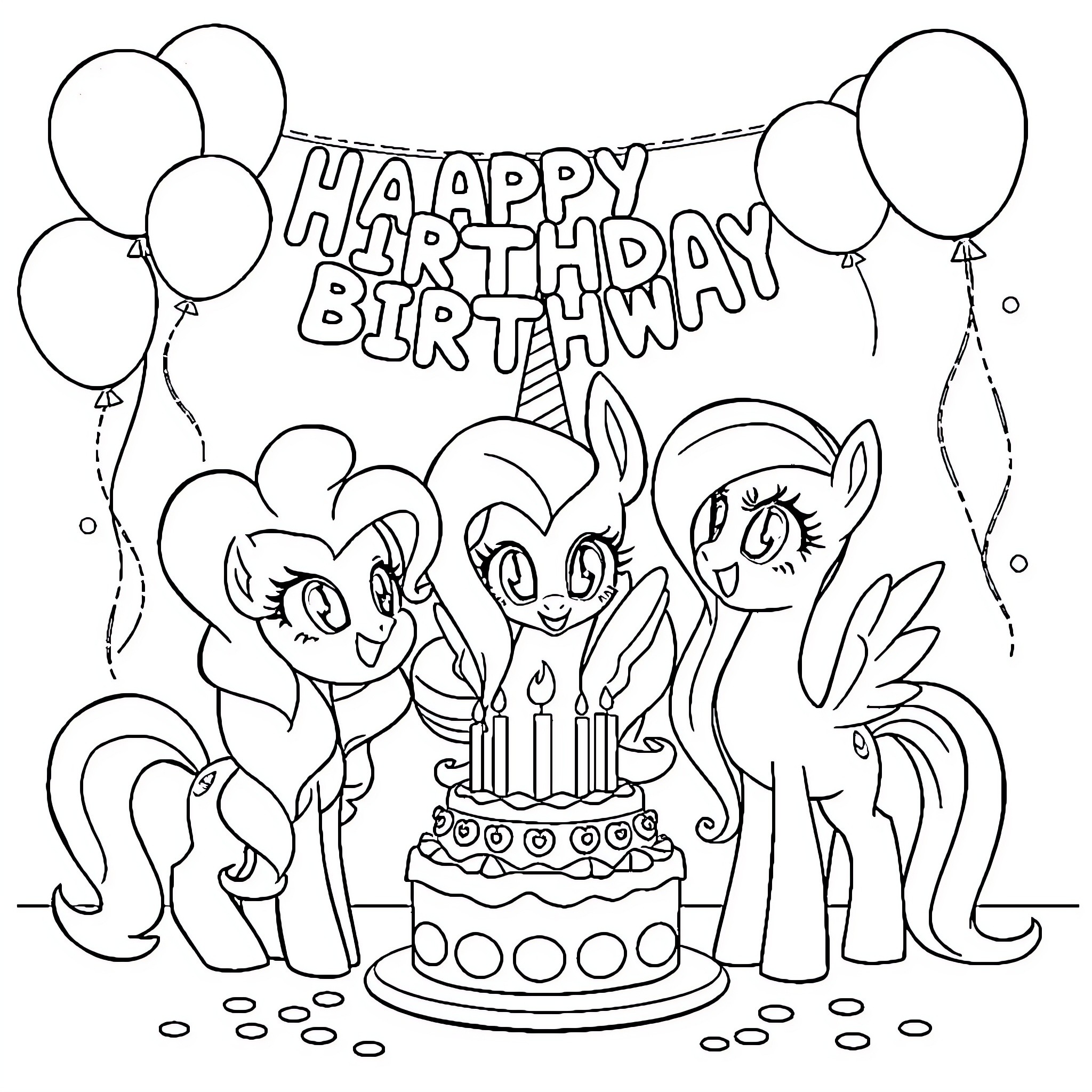 Pony friends celebrating a birthday with a cake and balloons Coloring Page (free black-and-white line drawing printable PDF for all, from beginners to advanced learners, including children, teens, adults, and seniors)
