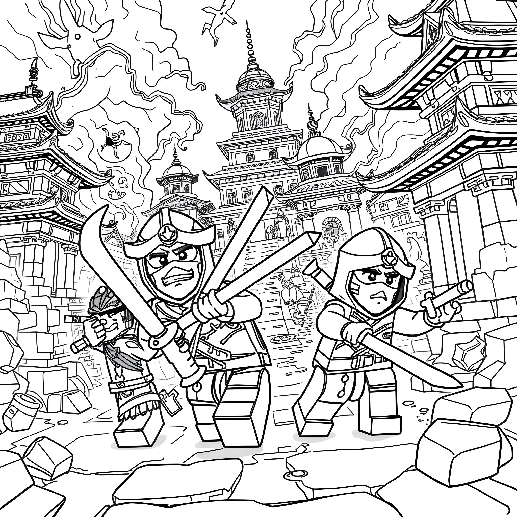 Ninjago warriors in action-packed battle scene Coloring Page (free black-and-white line drawing printable PDF for all, from beginners to advanced learners, including children, teens, adults, and seniors)