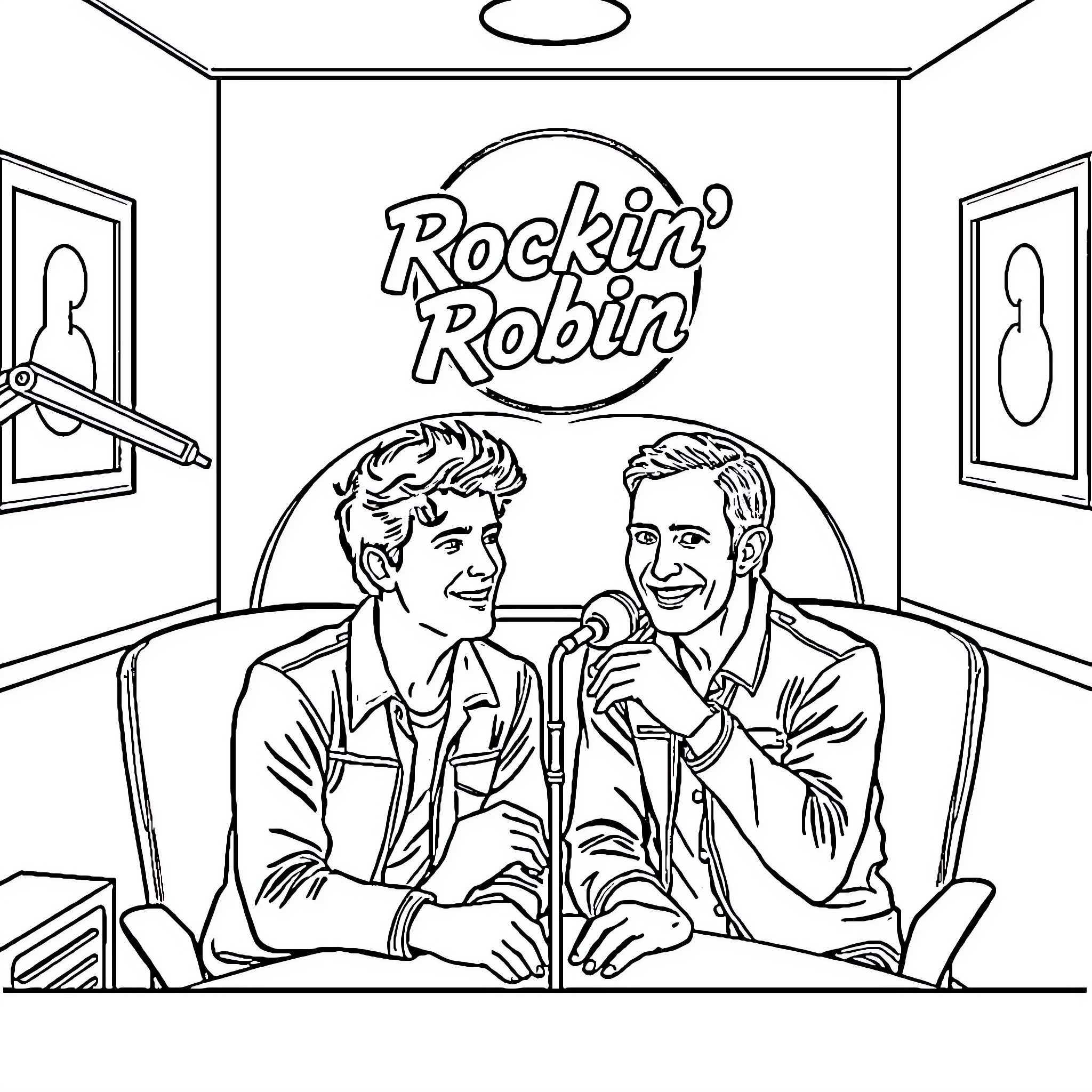 Robin's Rockin' Radio Show Coloring Page (free black-and-white line drawing printable PDF for all, from beginners to advanced learners, including children, teens, adults, and seniors)