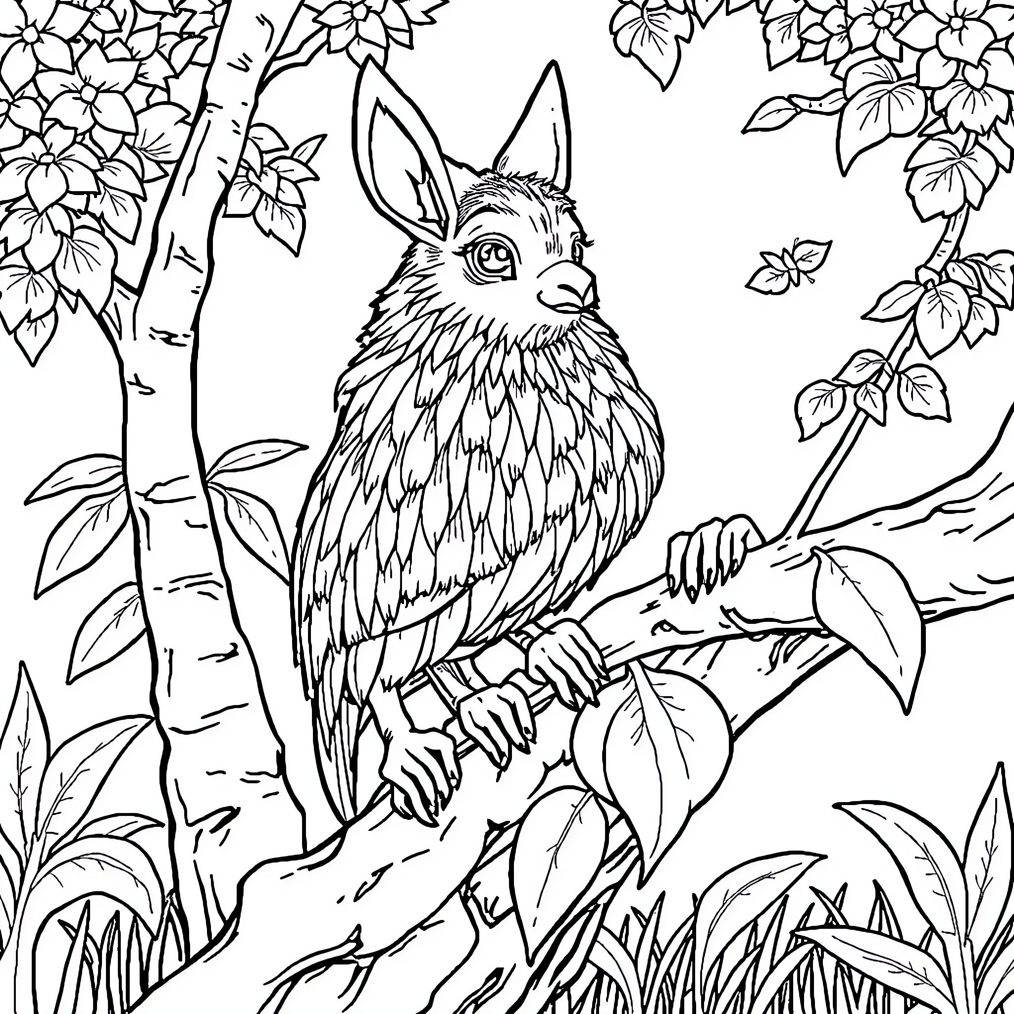 Giraffe in a whimsical forest setting Coloring Page (free black-and-white line drawing printable PDF for all, from beginners to advanced learners, including children, teens, adults, and seniors)