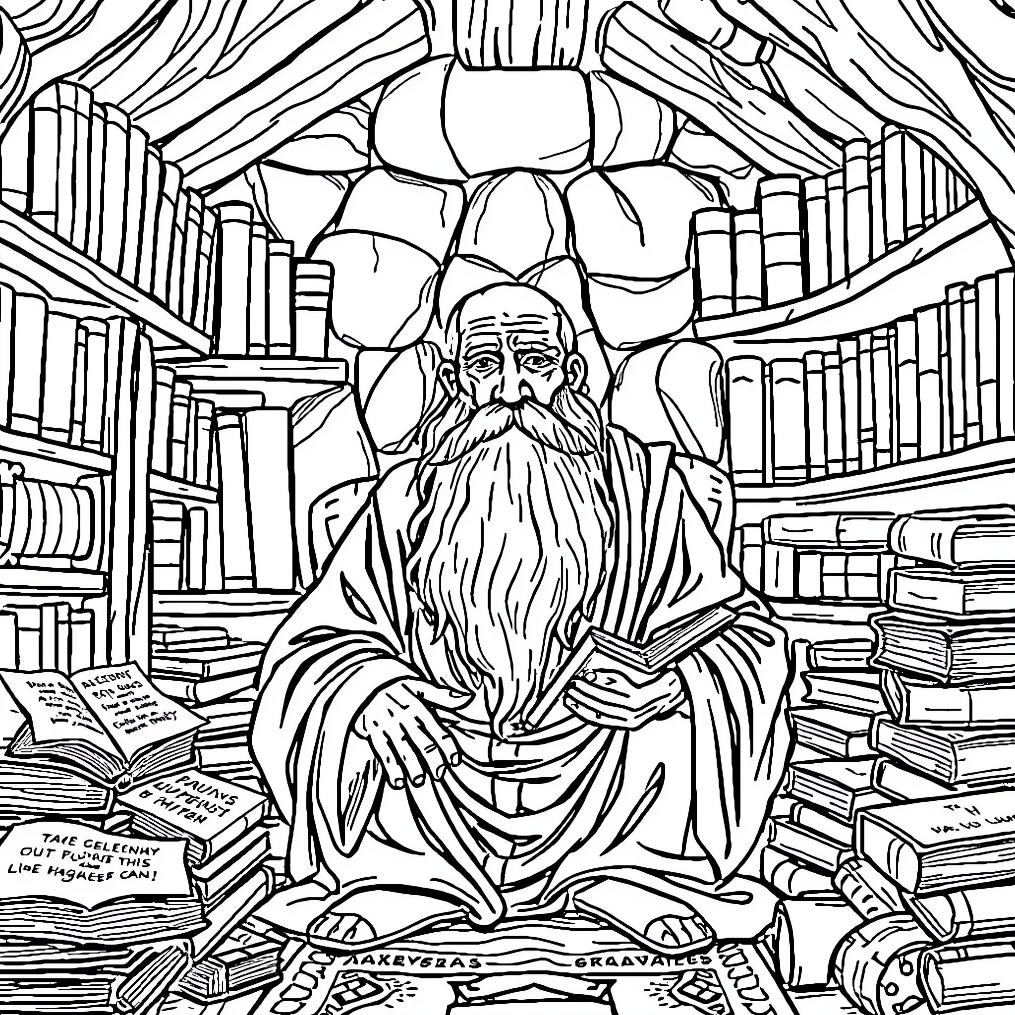Kalogeras, the Wise Scholar Surrounded by Books Coloring Page (free black-and-white line drawing printable PDF for all, from beginners to advanced learners, including children, teens, adults, and seniors)