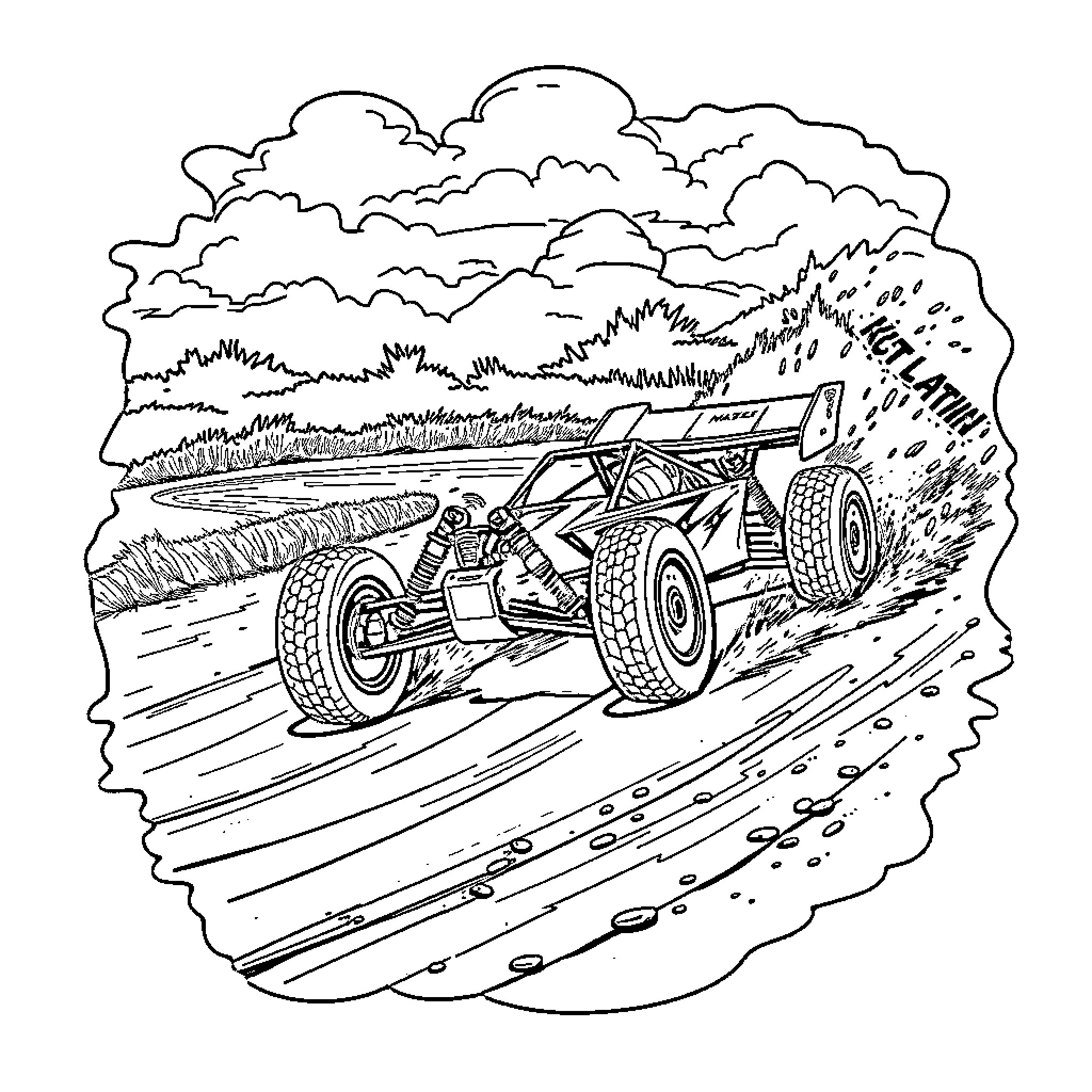 RC Buggy speeding through rough terrain Coloring Page (free black-and-white line drawing printable PDF for all, from beginners to advanced learners, including children, teens, adults, and seniors)