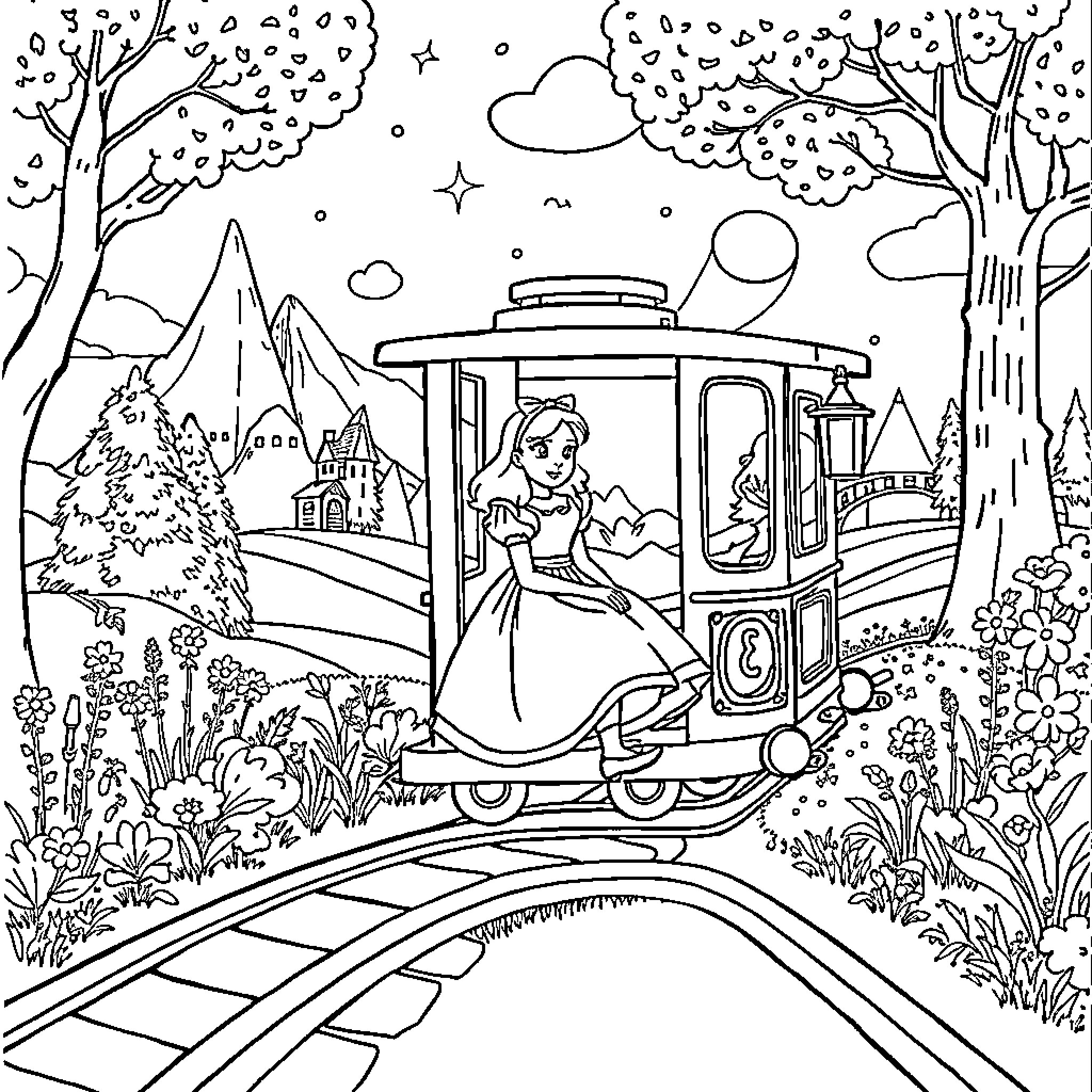 Alice's Enchanted Train Ride Through the Magical Forest Coloring Page (free black-and-white line drawing printable PDF for all, from beginners to advanced learners, including children, teens, adults, and seniors)