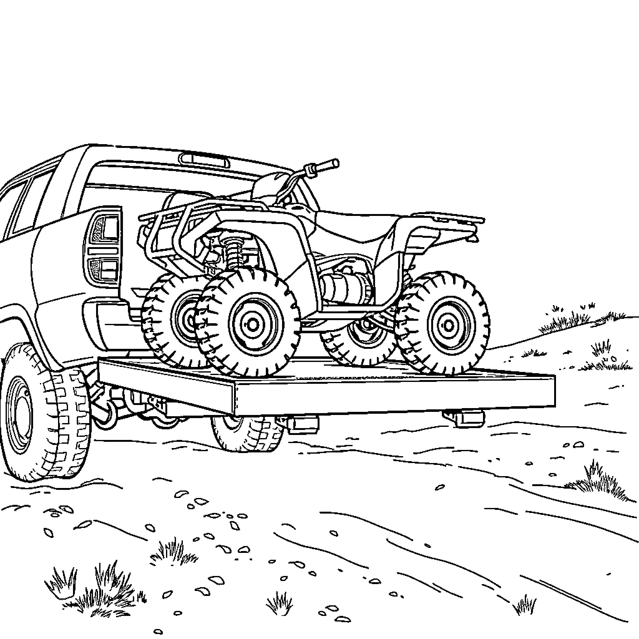 Pickup Truck Towing Heavy Duty Off-Road Vehicle Coloring Page (free black-and-white line drawing printable PDF for all, from beginners to advanced learners, including children, teens, adults, and seniors)
