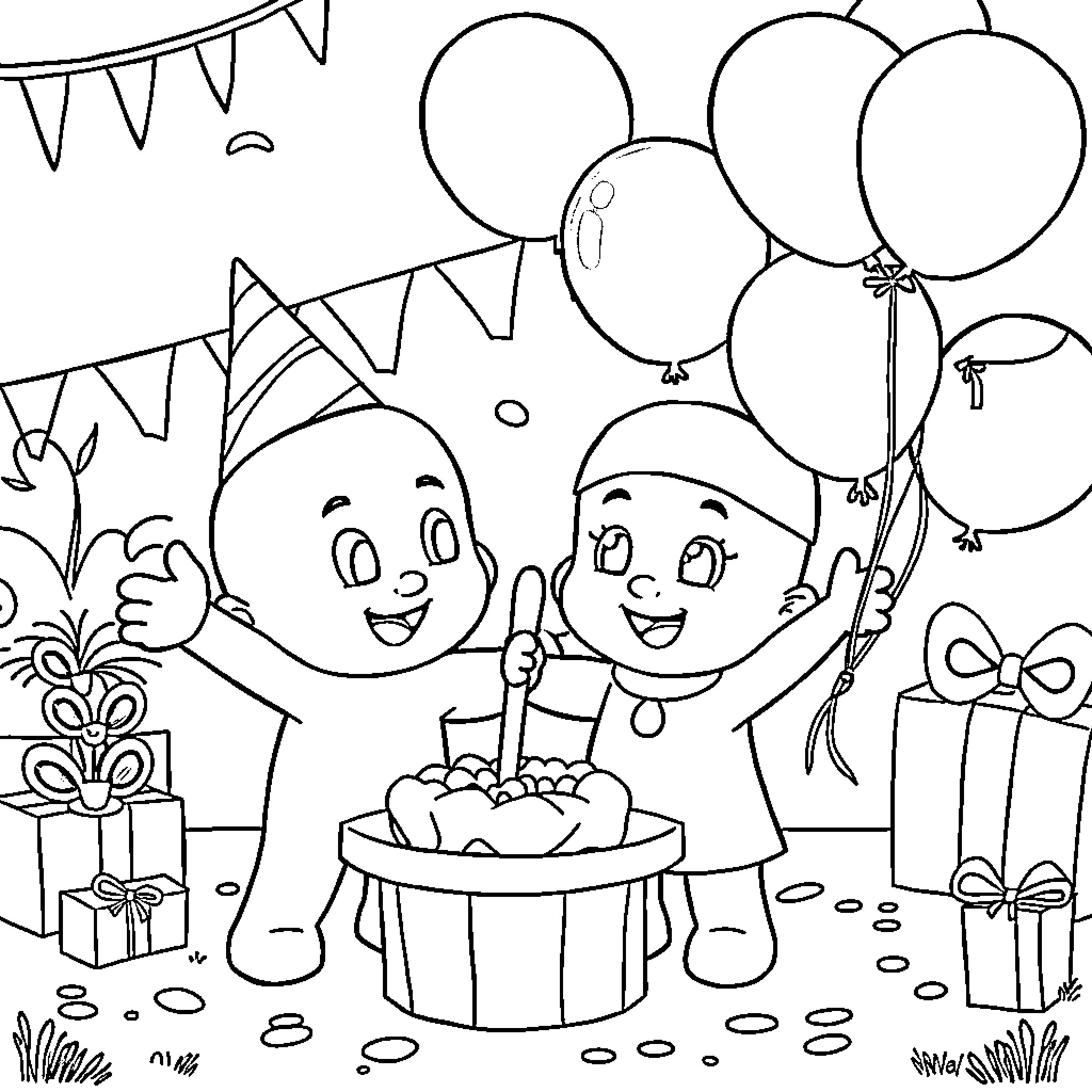 Bluey's Birthday Celebration with Friends Coloring Page (free black-and-white line drawing printable PDF for all, from beginners to advanced learners, including children, teens, adults, and seniors)
