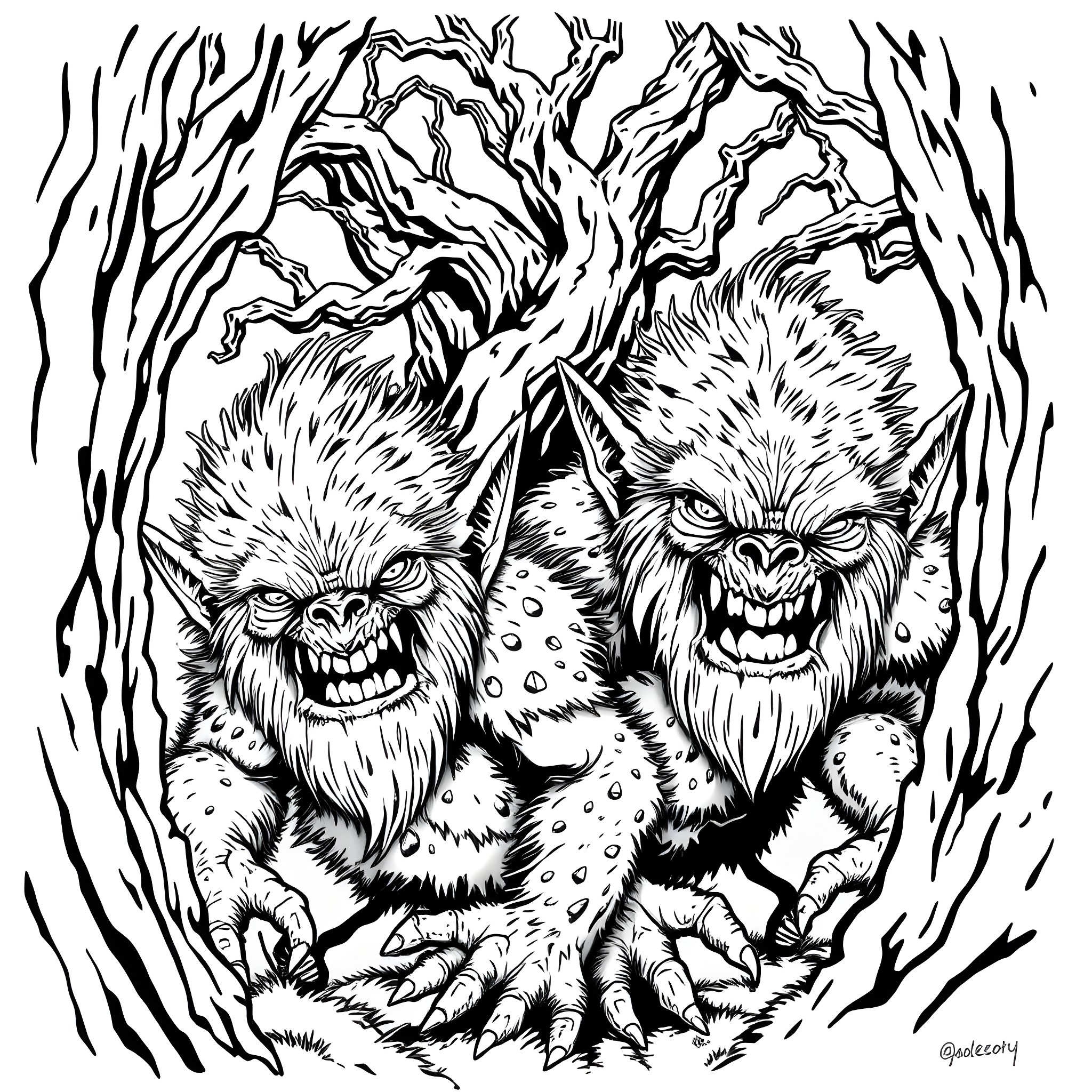 Troll creatures lurking in the dark forest Coloring Page (free black-and-white line drawing printable PDF for all, from beginners to advanced learners, including children, teens, adults, and seniors)