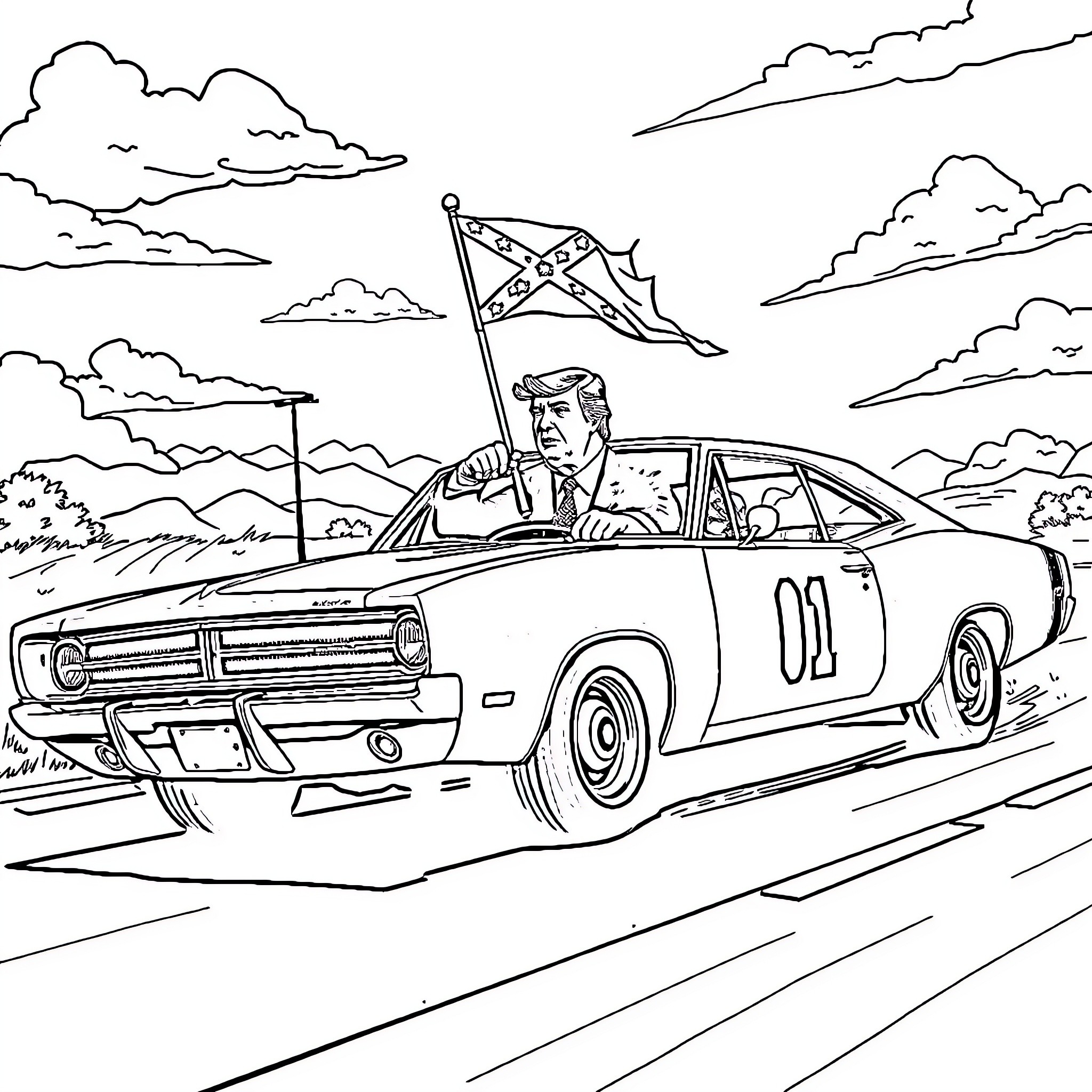 Trump driving a vintage car with Confederate flag Coloring Page (free black-and-white line drawing printable PDF for all, from beginners to advanced learners, including children, teens, adults, and seniors)