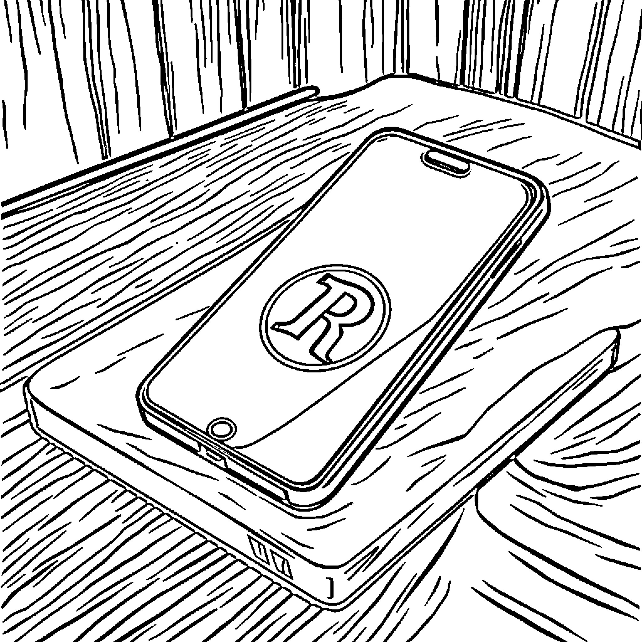 Robin's Smartphone Resting on Wooden Surface Coloring Page (free black-and-white line drawing printable PDF for all, from beginners to advanced learners, including children, teens, adults, and seniors)