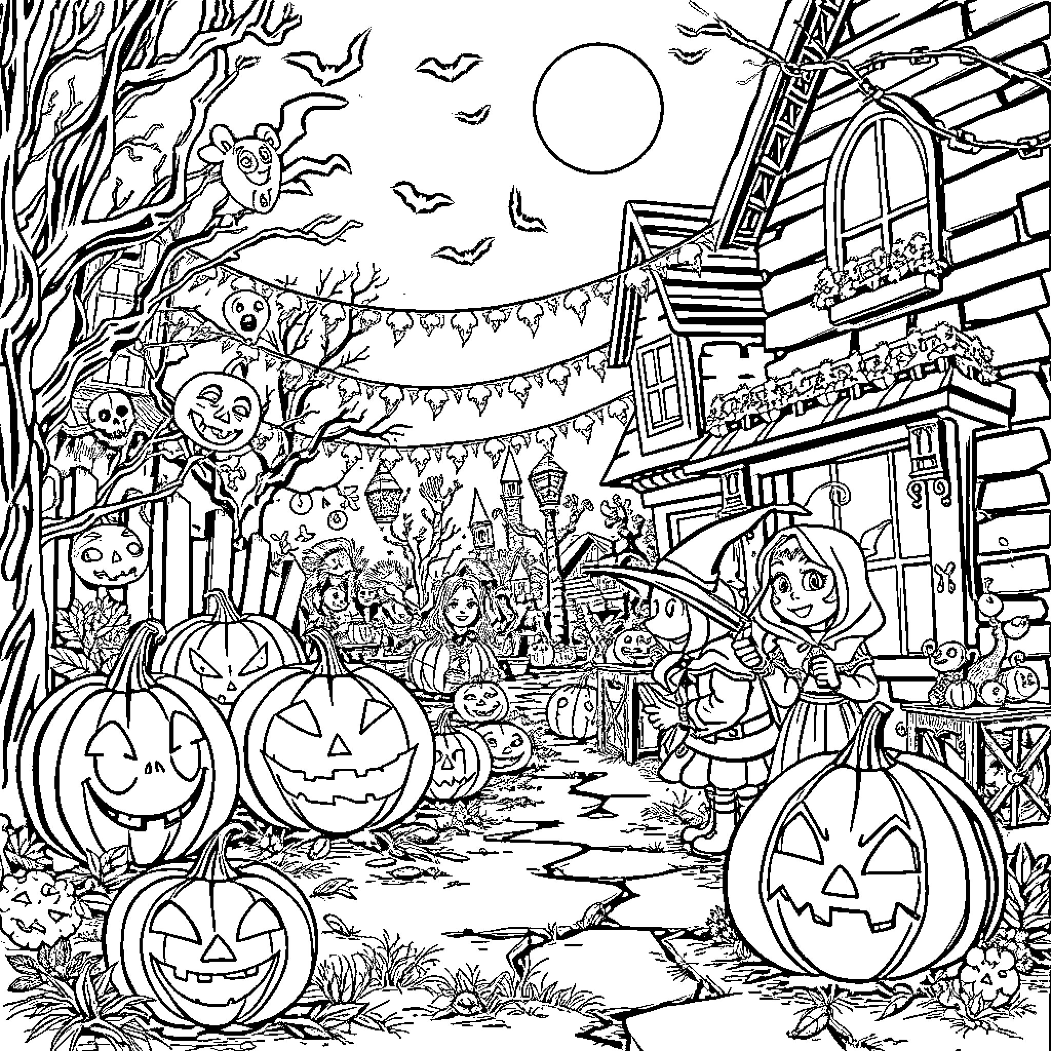 Halloween festivities in a spooky neighborhood Coloring Page (free black-and-white line drawing printable PDF for all, from beginners to advanced learners, including children, teens, adults, and seniors)