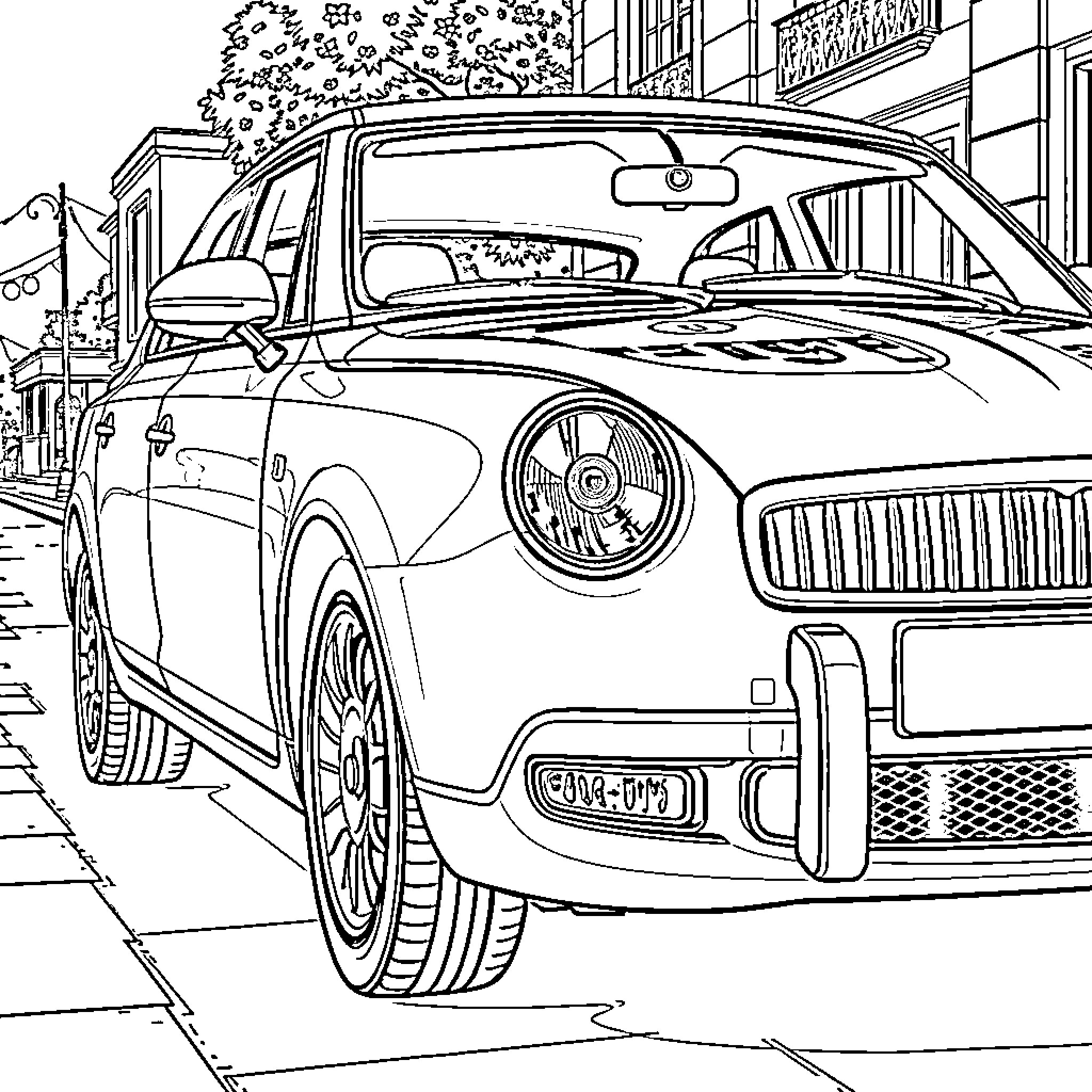 Škoda Scala parked on urban street Coloring Page (free black-and-white line drawing printable PDF for all, from beginners to advanced learners, including children, teens, adults, and seniors)