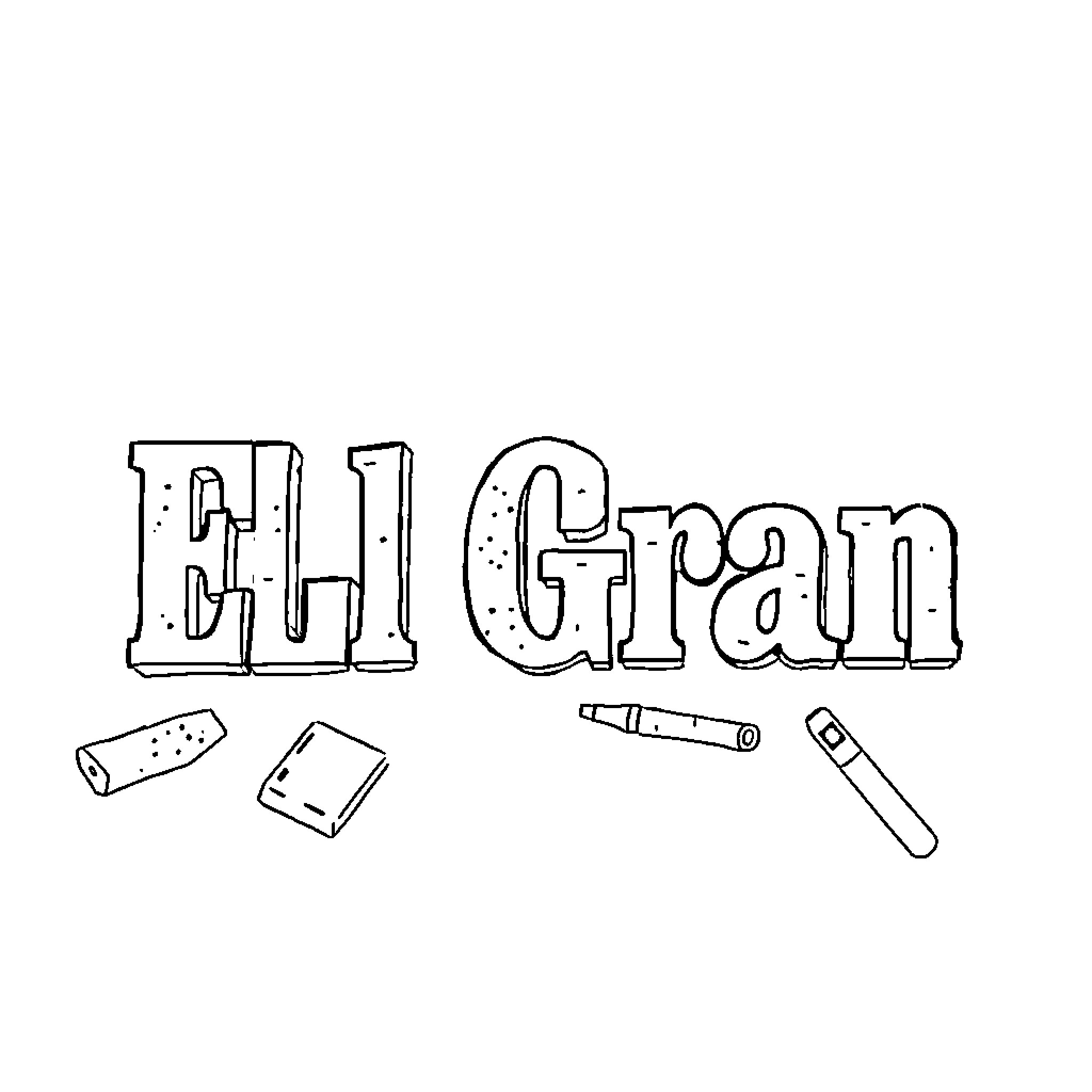 Title: Handwritten El Gran text with school supplies Coloring Page (free black-and-white line drawing printable PDF for all, from beginners to advanced learners, including children, teens, adults, and seniors)