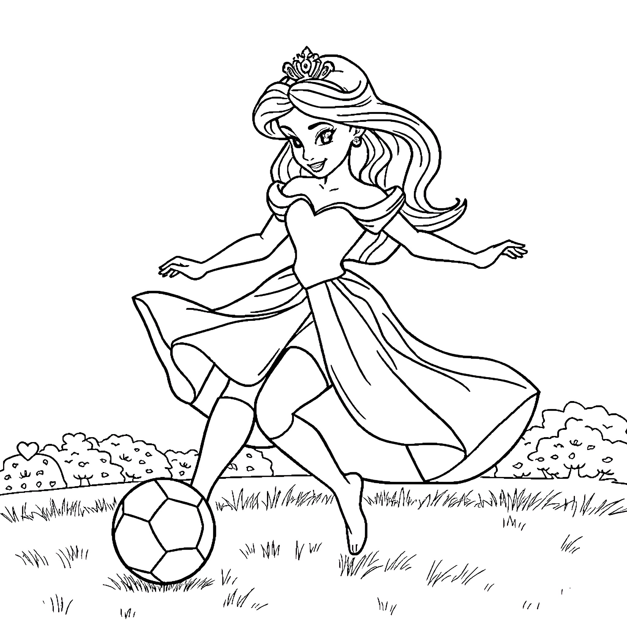 Princess playing with a soccer ball in a field Coloring Page (free black-and-white line drawing printable PDF for all, from beginners to advanced learners, including children, teens, adults, and seniors)