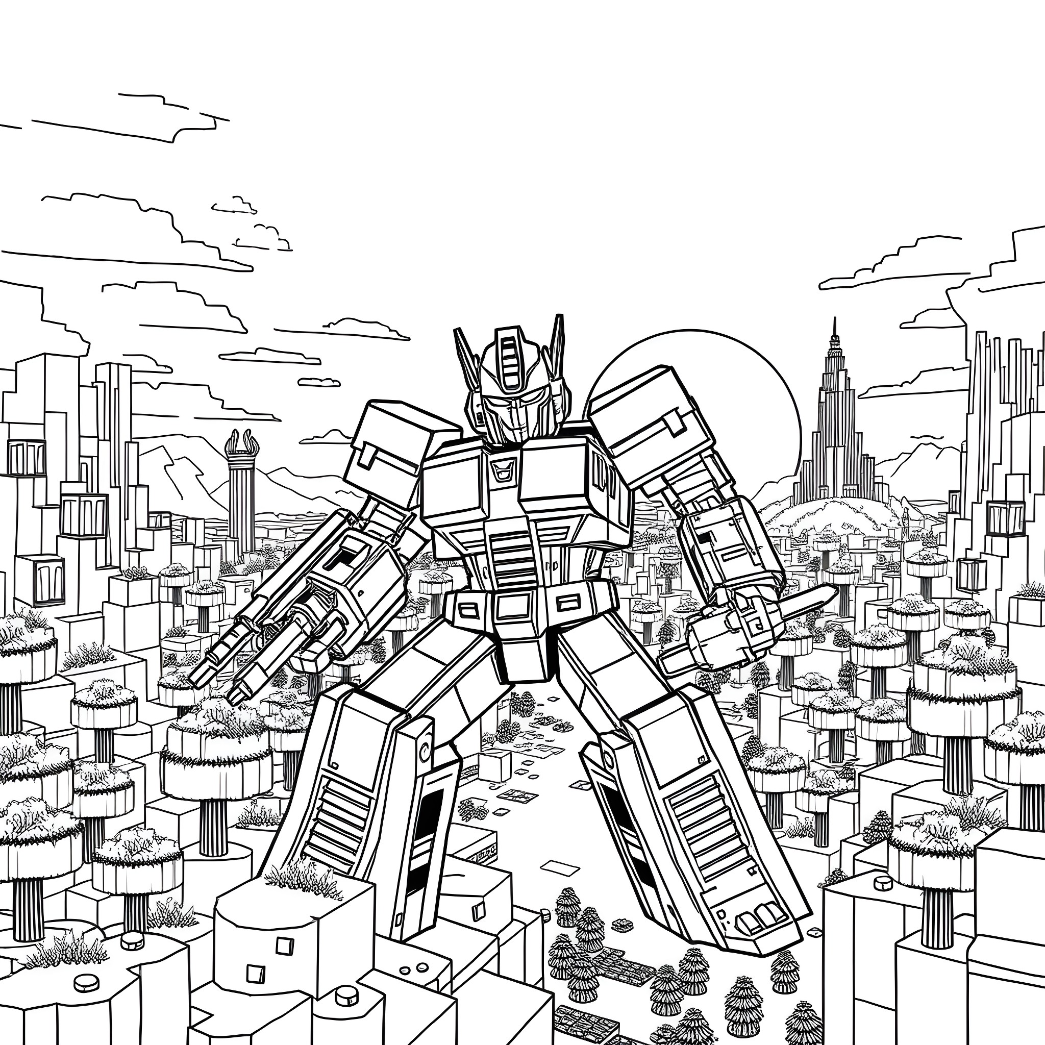 Transformer taking over the city skyline Coloring Page (free black-and-white line drawing printable PDF for all, from beginners to advanced learners, including children, teens, adults, and seniors)