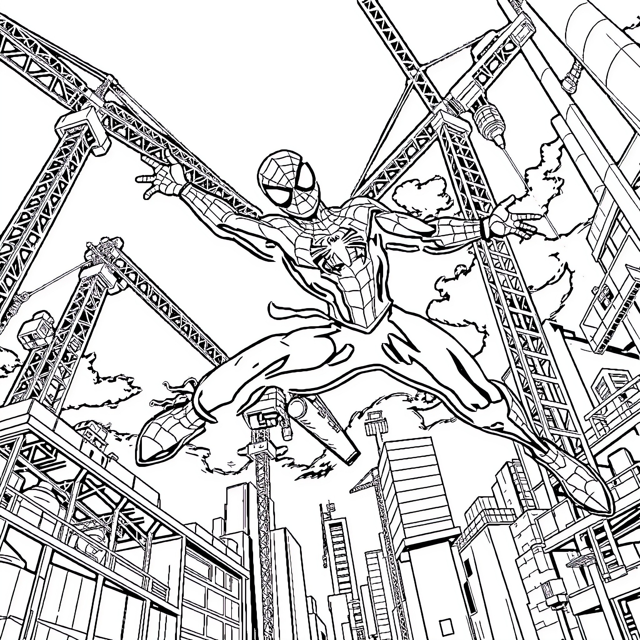 Spiderman swinging through the city skyline Coloring Page (free black-and-white line drawing printable PDF for all, from beginners to advanced learners, including children, teens, adults, and seniors)