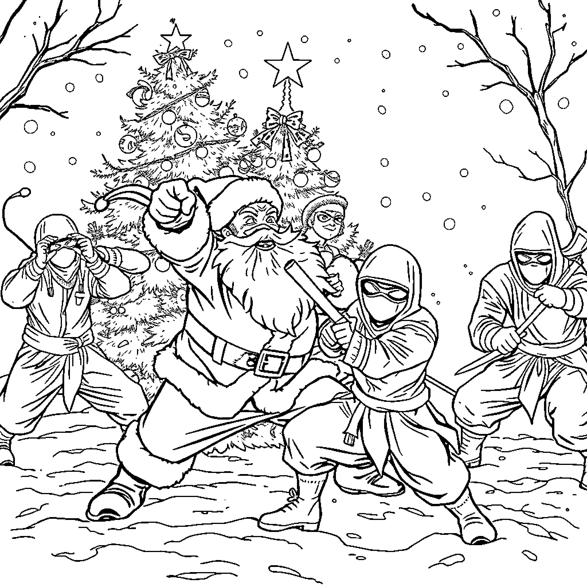 Santa Claus Surrounded by Ninjas in Winter Wonderland Coloring Page (free black-and-white line drawing printable PDF for all, from beginners to advanced learners, including children, teens, adults, and seniors)