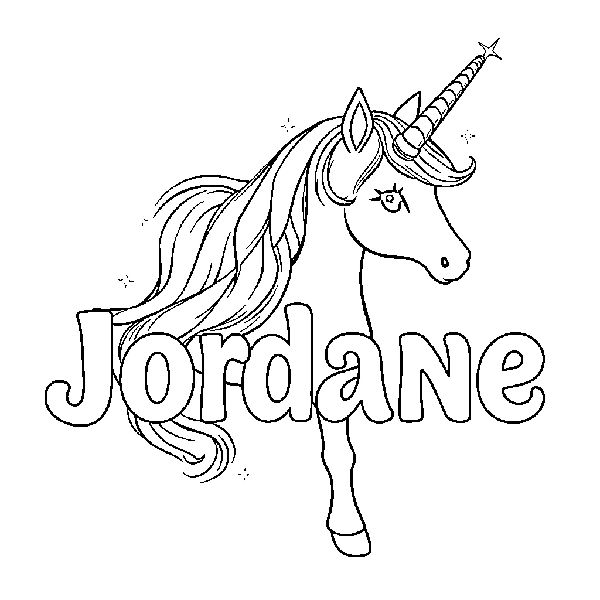Unicorn named Jordane with whimsical details Coloring Page (free black-and-white line drawing printable PDF for all, from beginners to advanced learners, including children, teens, adults, and seniors)