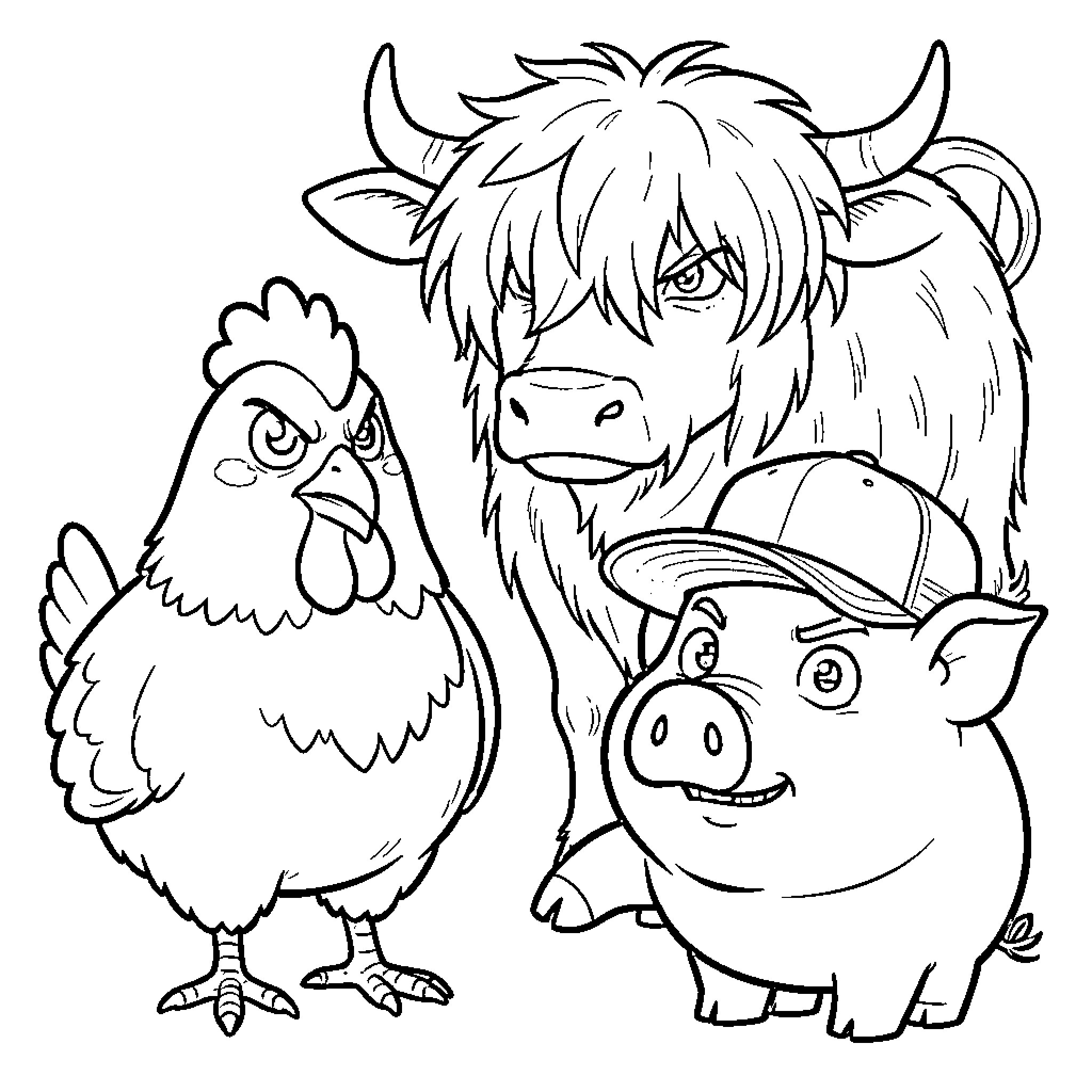Chicken, Pig, and Highland Cow Farm Friends Coloring Page (free black-and-white line drawing printable PDF for all, from beginners to advanced learners, including children, teens, adults, and seniors)