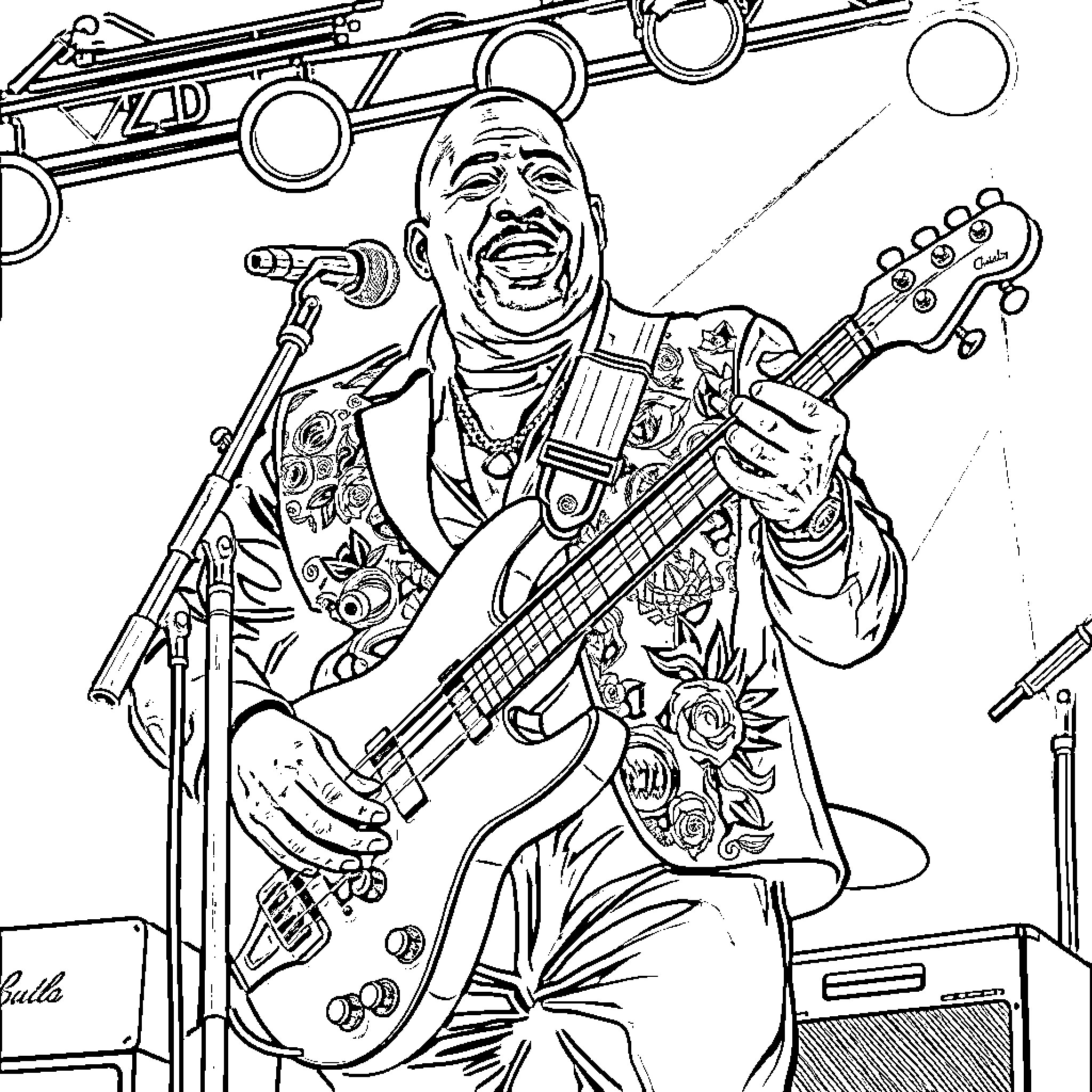 Charles Barkley Rocking Out on Stage with Guitar Coloring Page (free black-and-white line drawing printable PDF for all, from beginners to advanced learners, including children, teens, adults, and seniors)