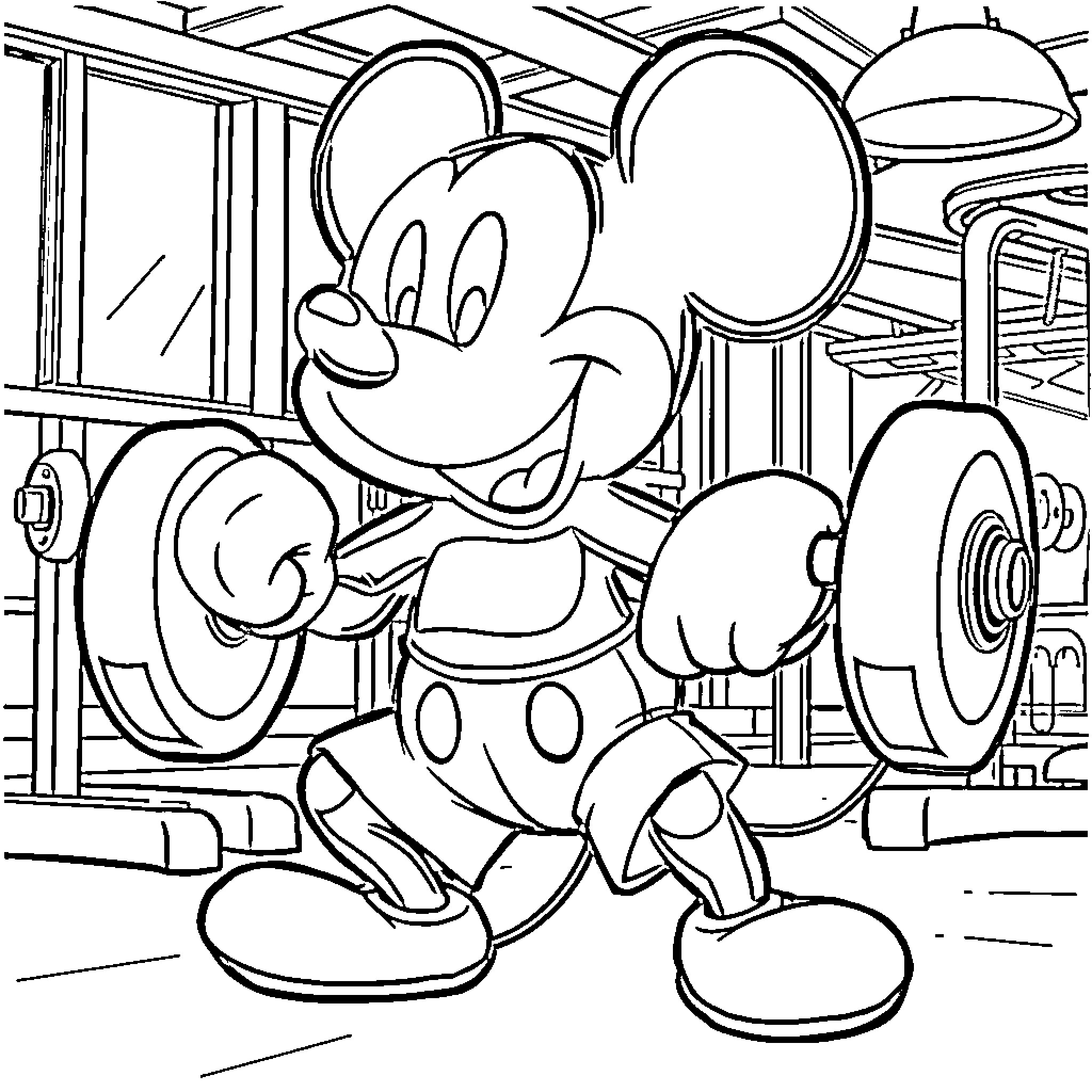Mickey Mouse in a Cartoon Workshop Coloring Page (free black-and-white line drawing printable PDF for all, from beginners to advanced learners, including children, teens, adults, and seniors)