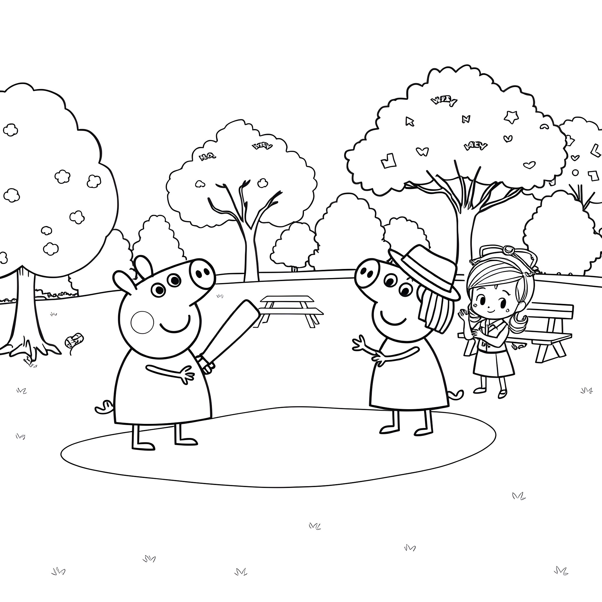Peppa Pig and friend playing in the park Coloring Page (free black-and-white line drawing printable PDF for all, from beginners to advanced learners, including children, teens, adults, and seniors)