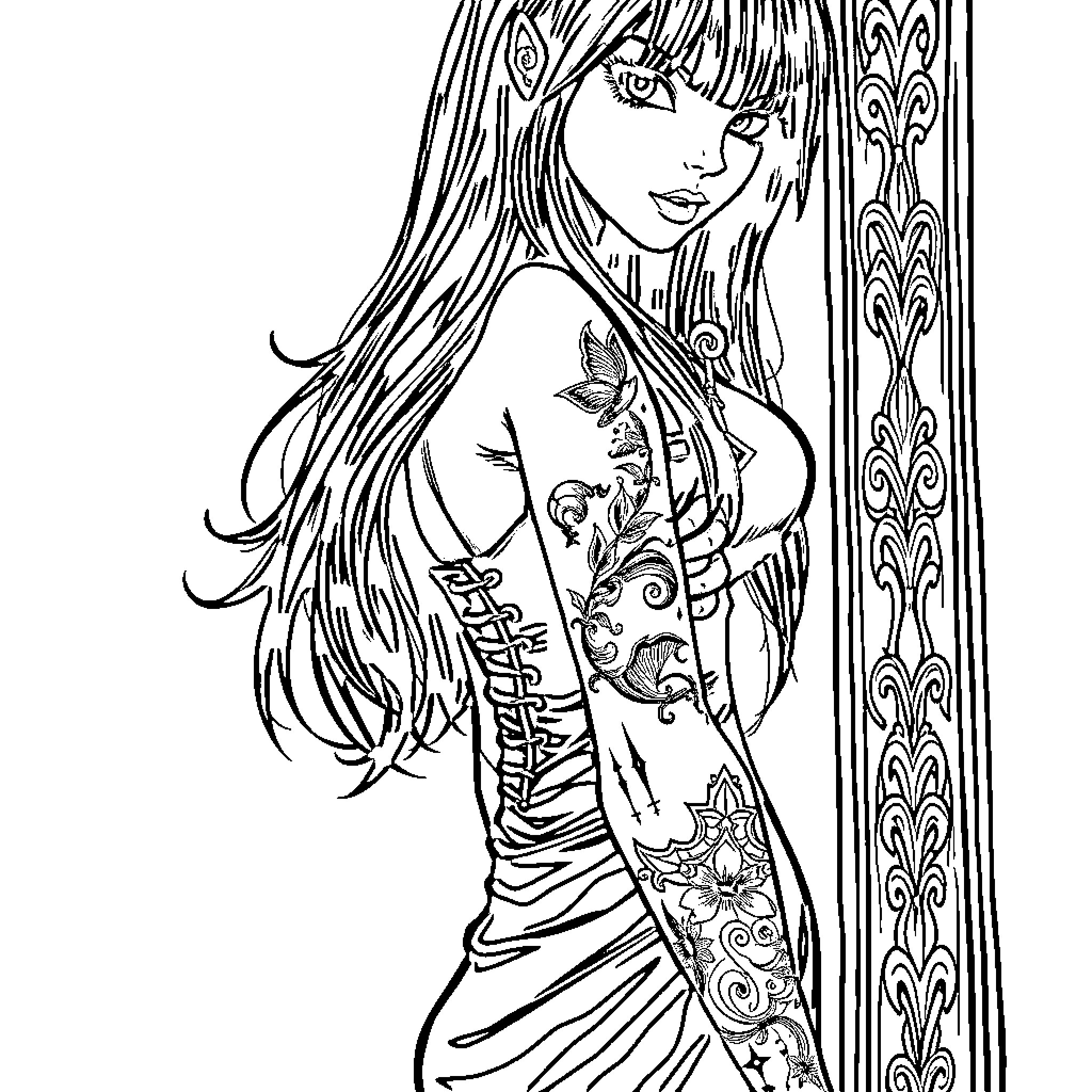 Goth Girl with Intricate Tattoos and Ornate Decor Coloring Page (free black-and-white line drawing printable PDF for all, from beginners to advanced learners, including children, teens, adults, and seniors)