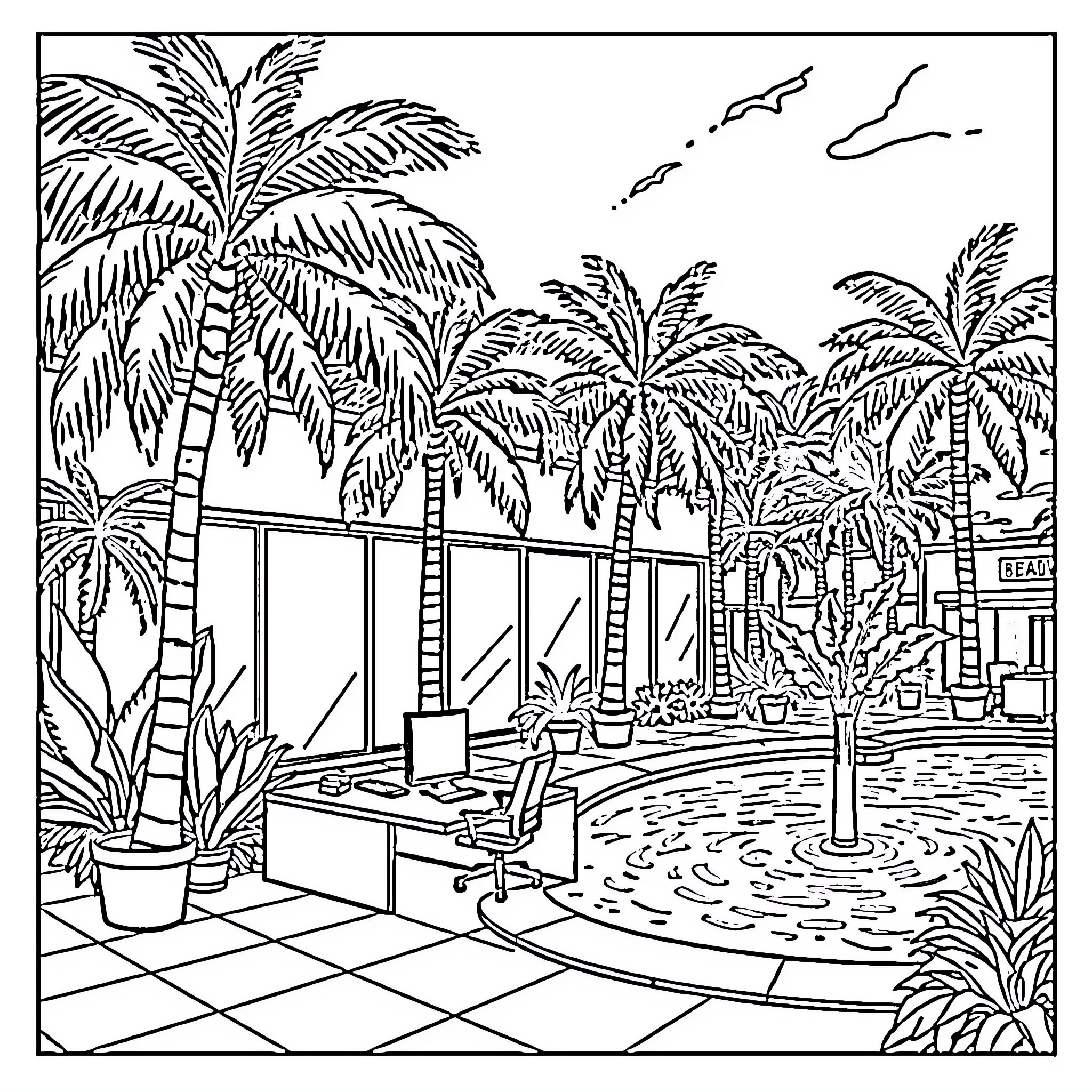 Off Site Office in Tropical Paradise Coloring Page (free black-and-white line drawing printable PDF for all, from beginners to advanced learners, including children, teens, adults, and seniors)