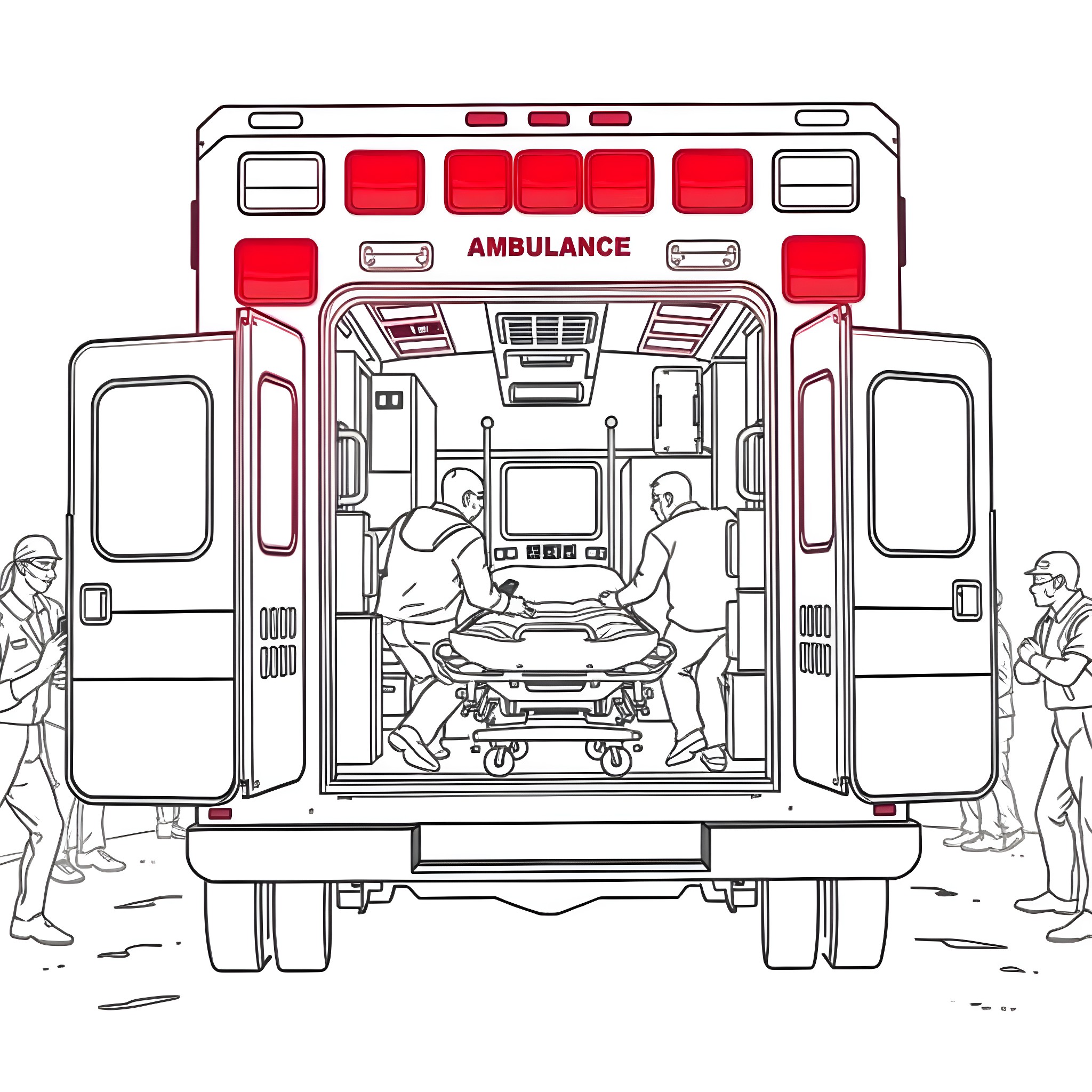 Ambulance transporting a patient with medical staff Coloring Page (free black-and-white line drawing printable PDF for all, from beginners to advanced learners, including children, teens, adults, and seniors)