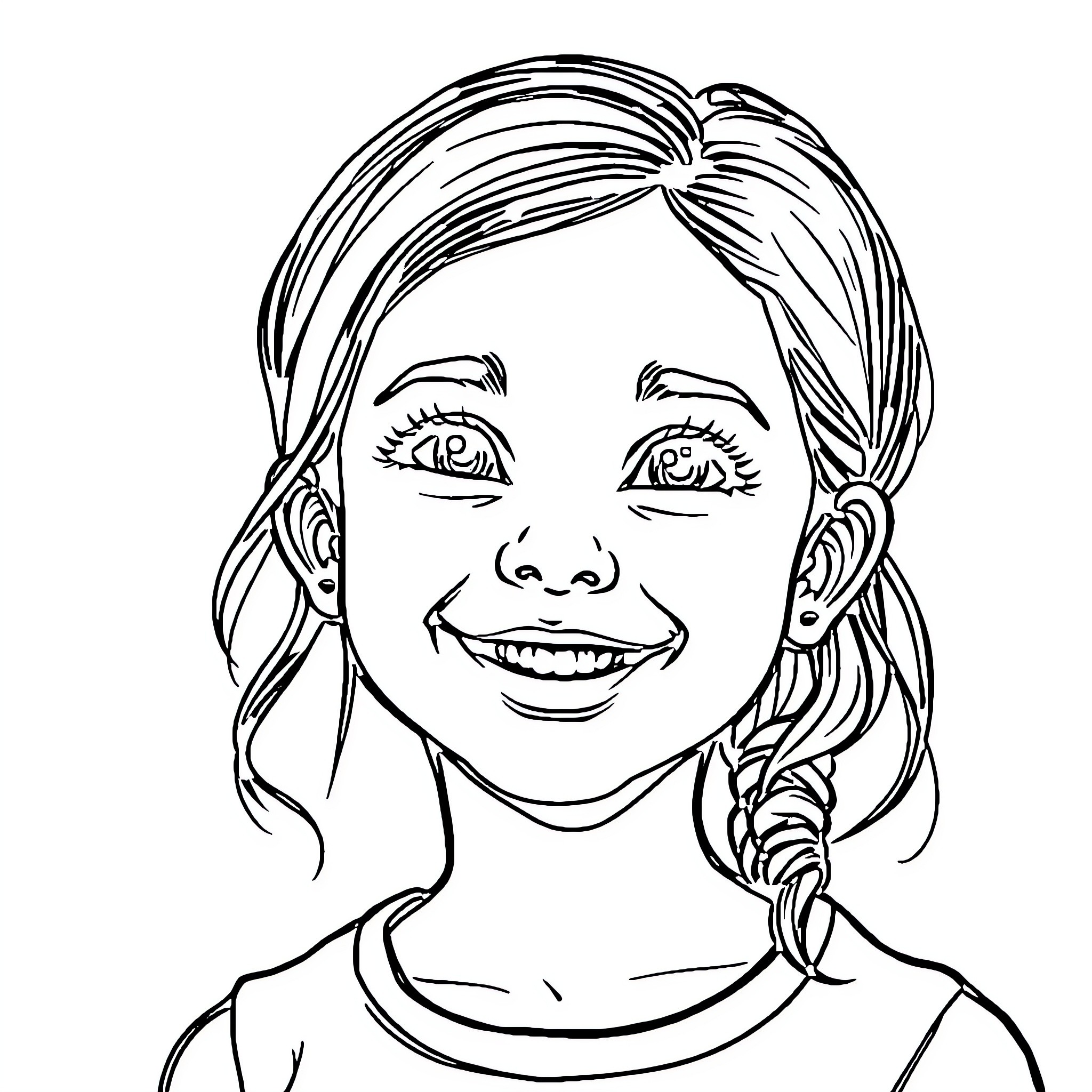 Girl with a Cheerful Smile and Braided Hair Coloring Page (free black-and-white line drawing printable PDF for all, from beginners to advanced learners, including children, teens, adults, and seniors)