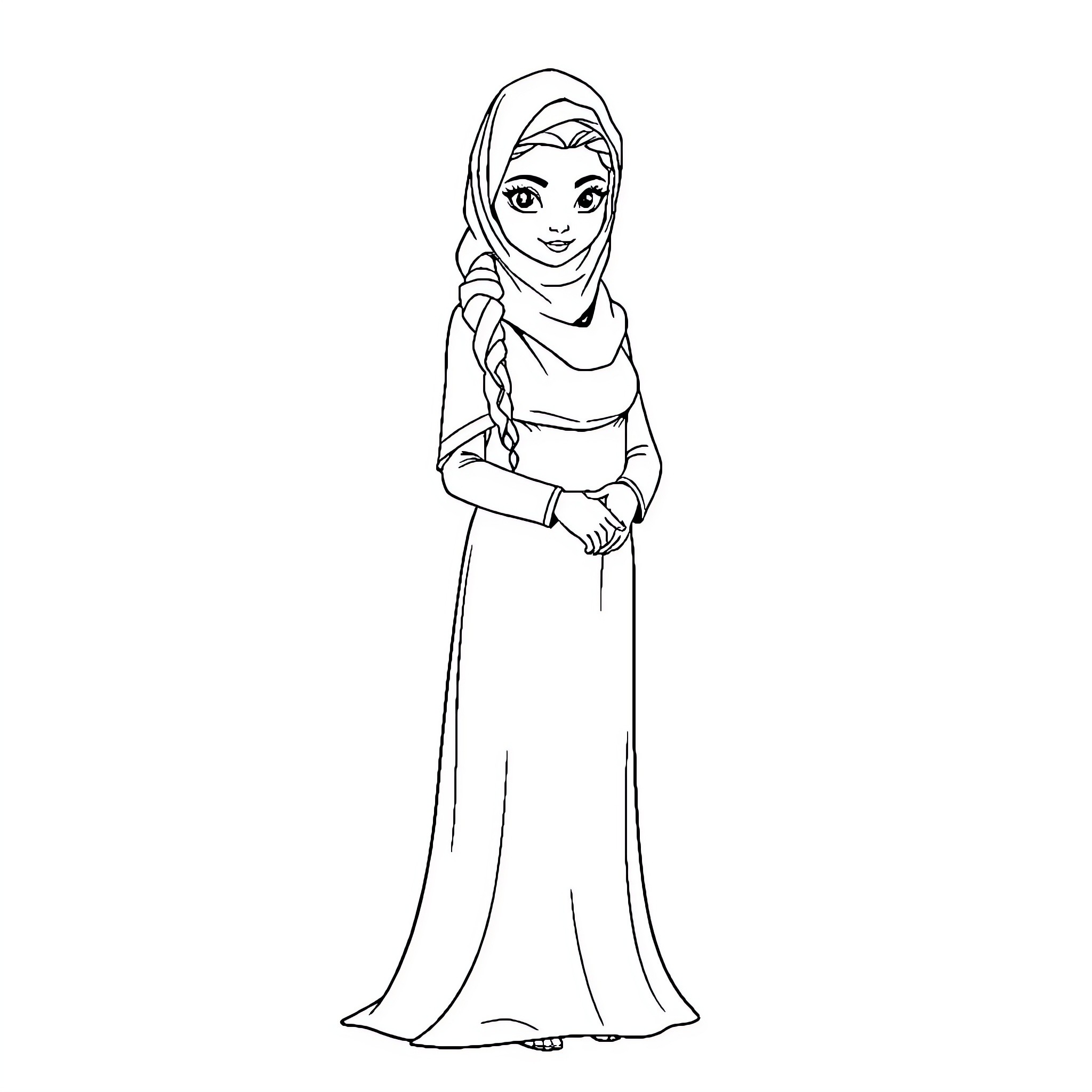 Elsa in traditional Islamic dress Coloring Page (free black-and-white line drawing printable PDF for all, from beginners to advanced learners, including children, teens, adults, and seniors)