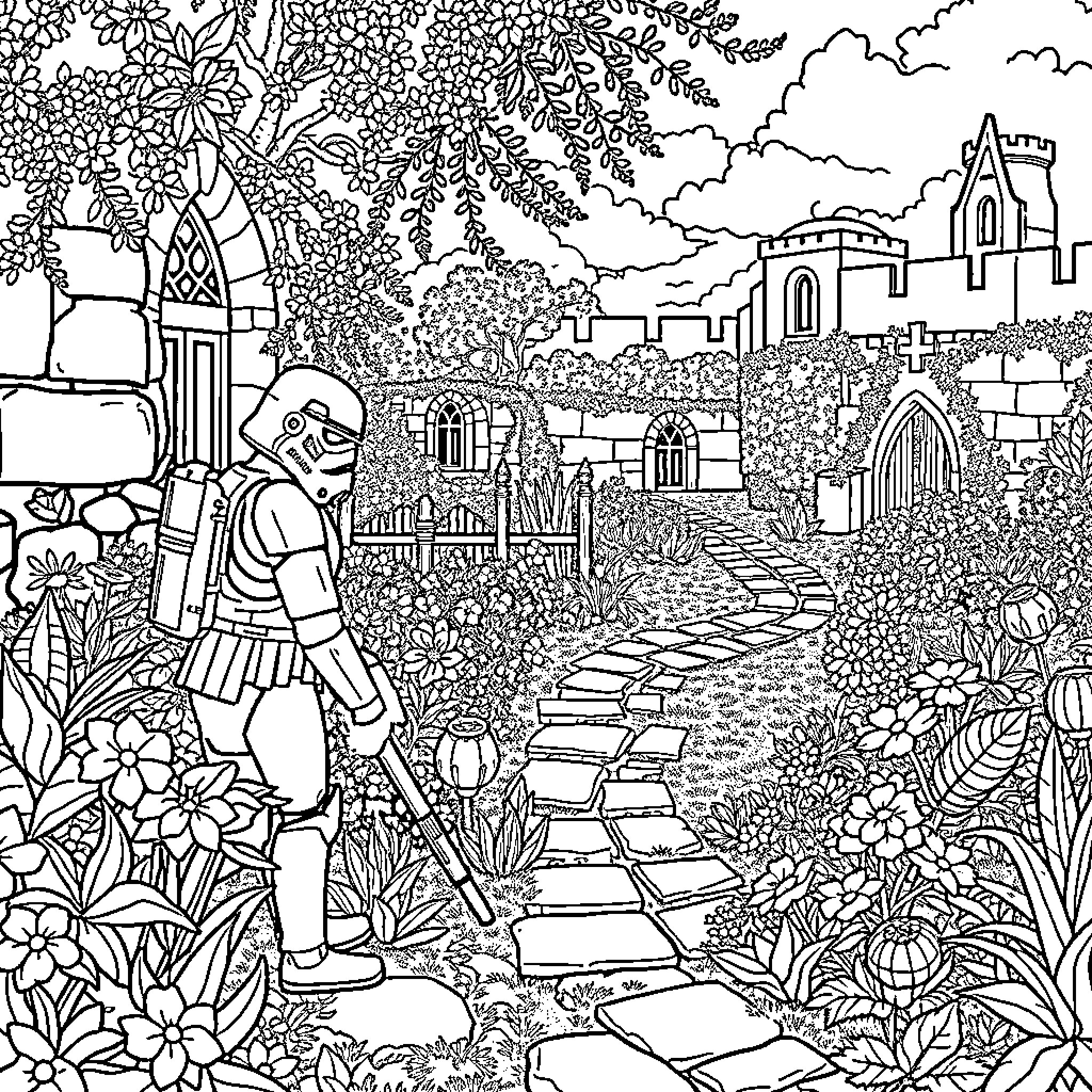 Stormtrooper exploring a vibrant garden landscape Coloring Page (free black-and-white line drawing printable PDF for all, from beginners to advanced learners, including children, teens, adults, and seniors)