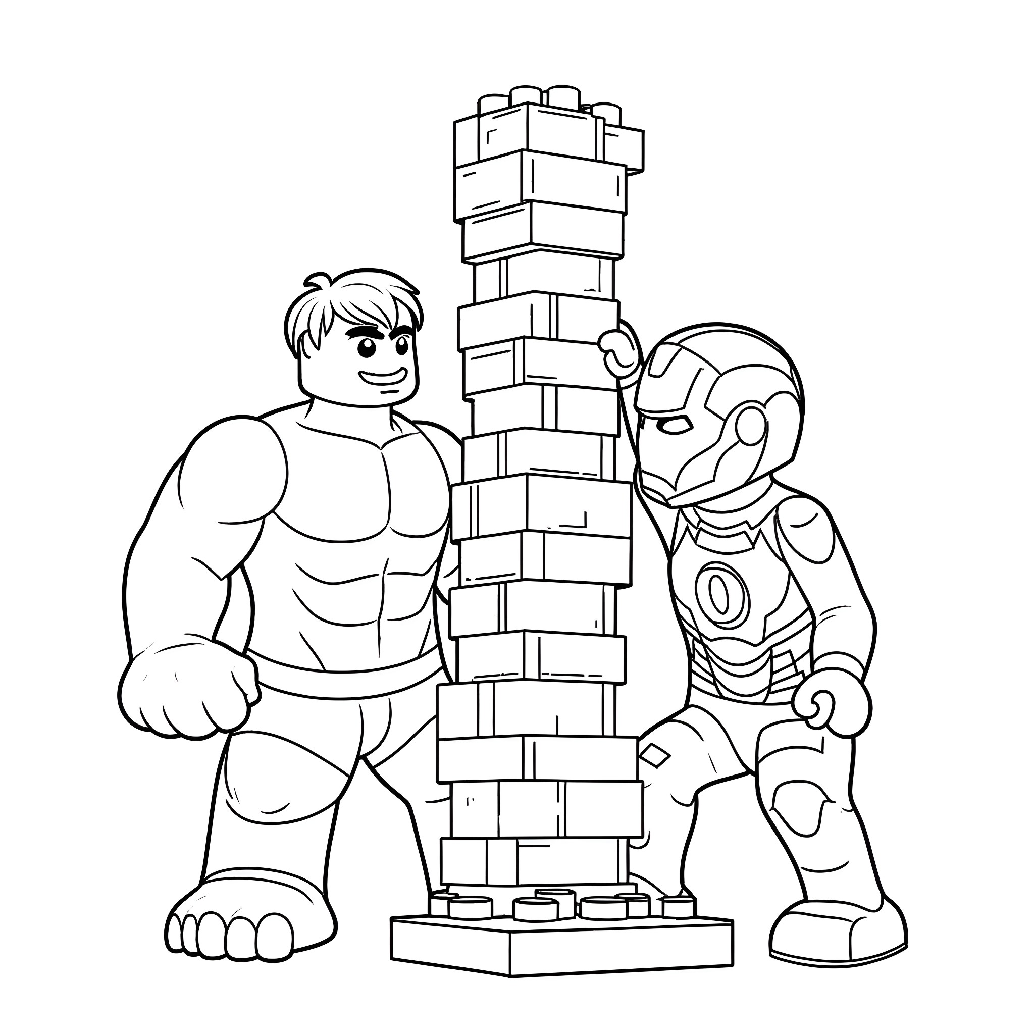 Hulk and Iron Man building a tower of blocks Coloring Page (free black-and-white line drawing printable PDF for all, from beginners to advanced learners, including children, teens, adults, and seniors)