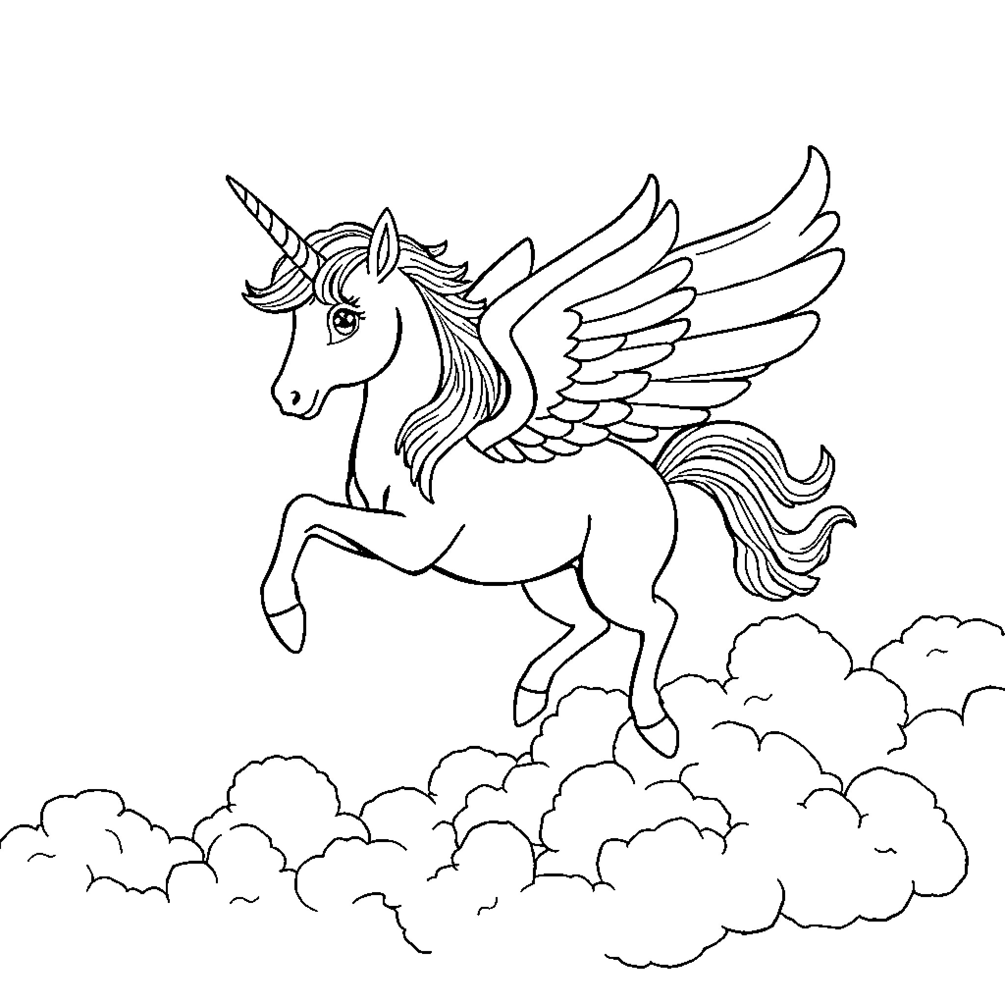 Unicorn soaring gracefully through the clouds Coloring Page (free black-and-white line drawing printable PDF for all, from beginners to advanced learners, including children, teens, adults, and seniors)