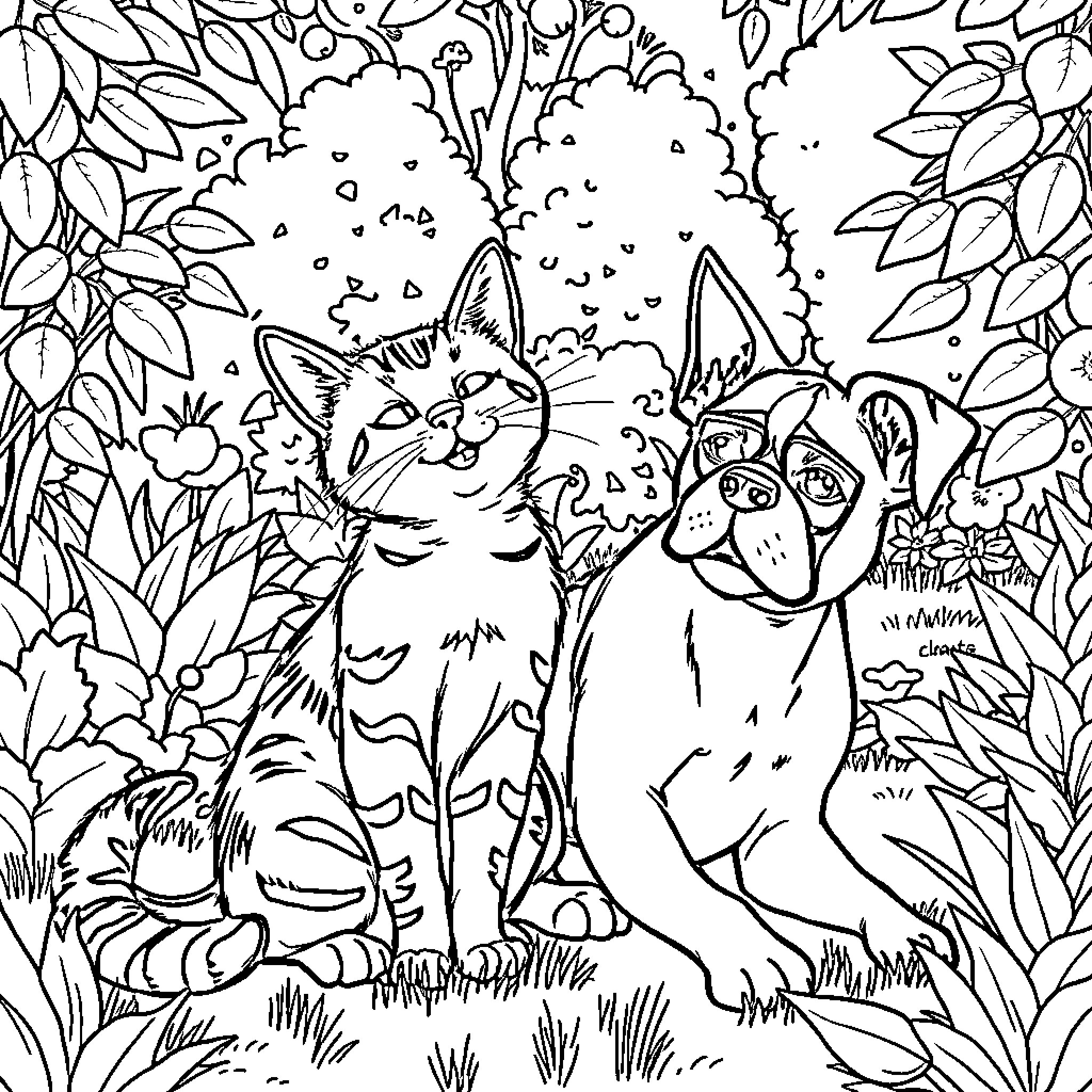 Cat companions explore enchanting forest landscape Coloring Page (free black-and-white line drawing printable PDF for all, from beginners to advanced learners, including children, teens, adults, and seniors)