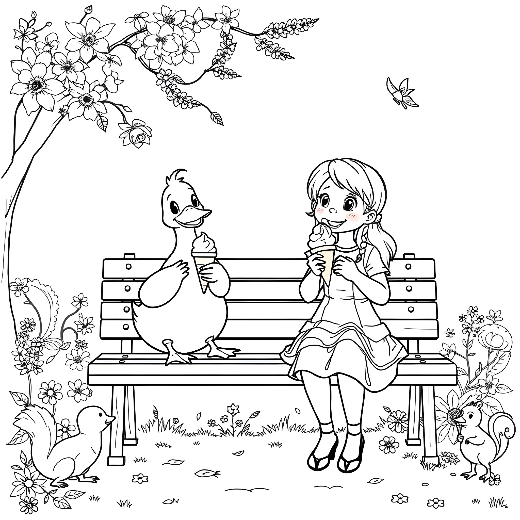Sarah Enjoys an Afternoon with Her Feathered Friends Coloring Page (free black-and-white line drawing printable PDF for all, from beginners to advanced learners, including children, teens, adults, and seniors)