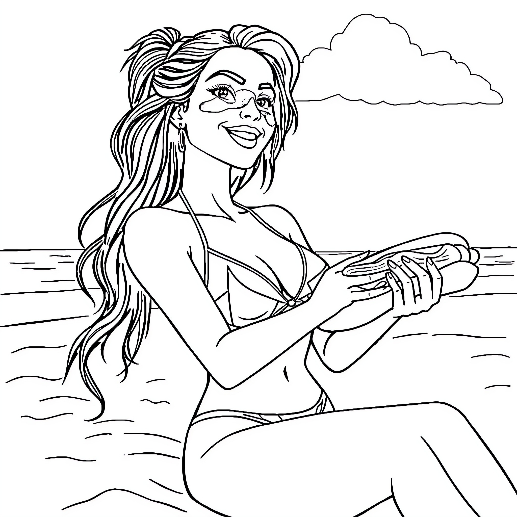 Chick enjoying a sunny day at the beach Coloring Page (free black-and-white line drawing printable PDF for all, from beginners to advanced learners, including children, teens, adults, and seniors)