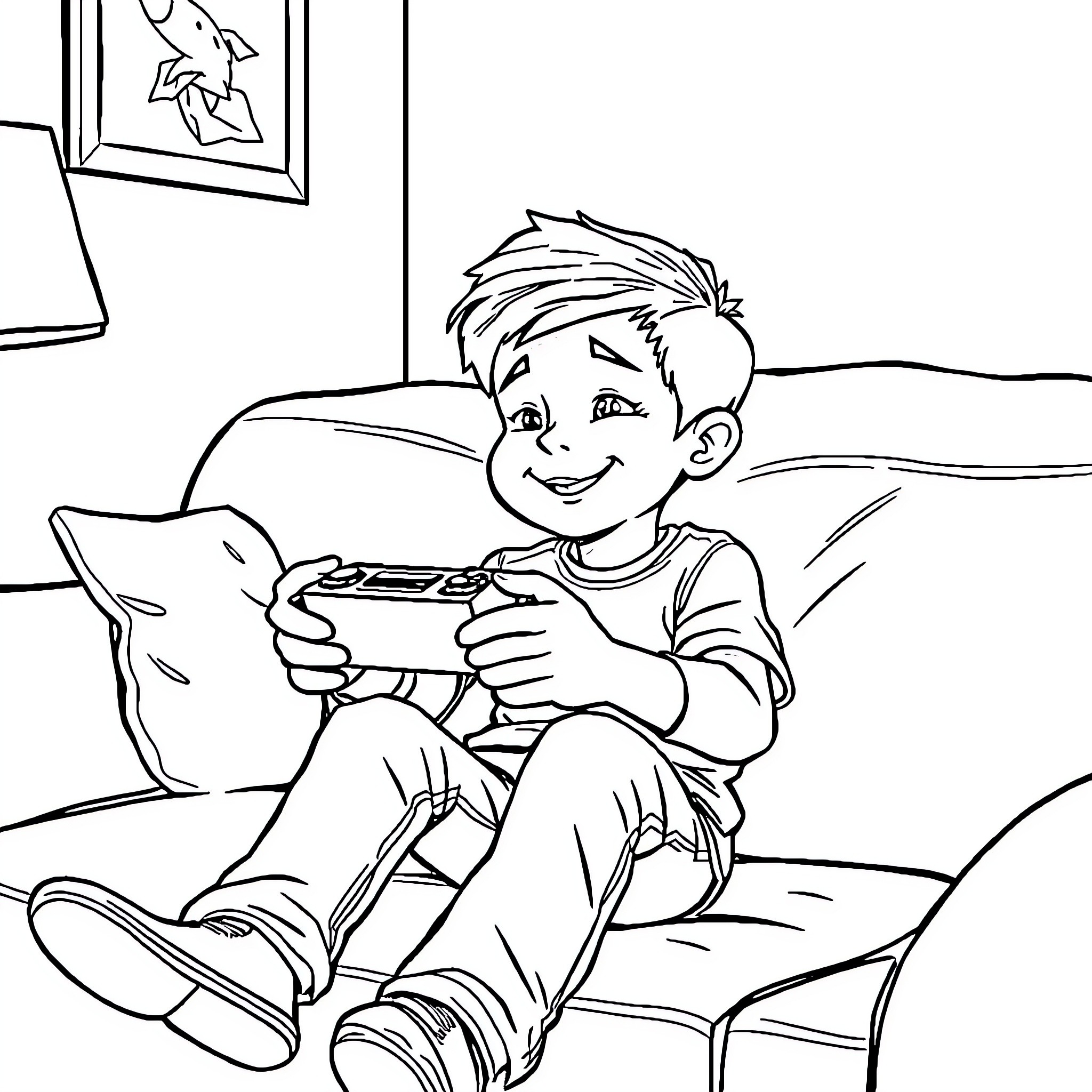 Child playing video game on couch Coloring Page (free black-and-white line drawing printable PDF for all, from beginners to advanced learners, including children, teens, adults, and seniors)
