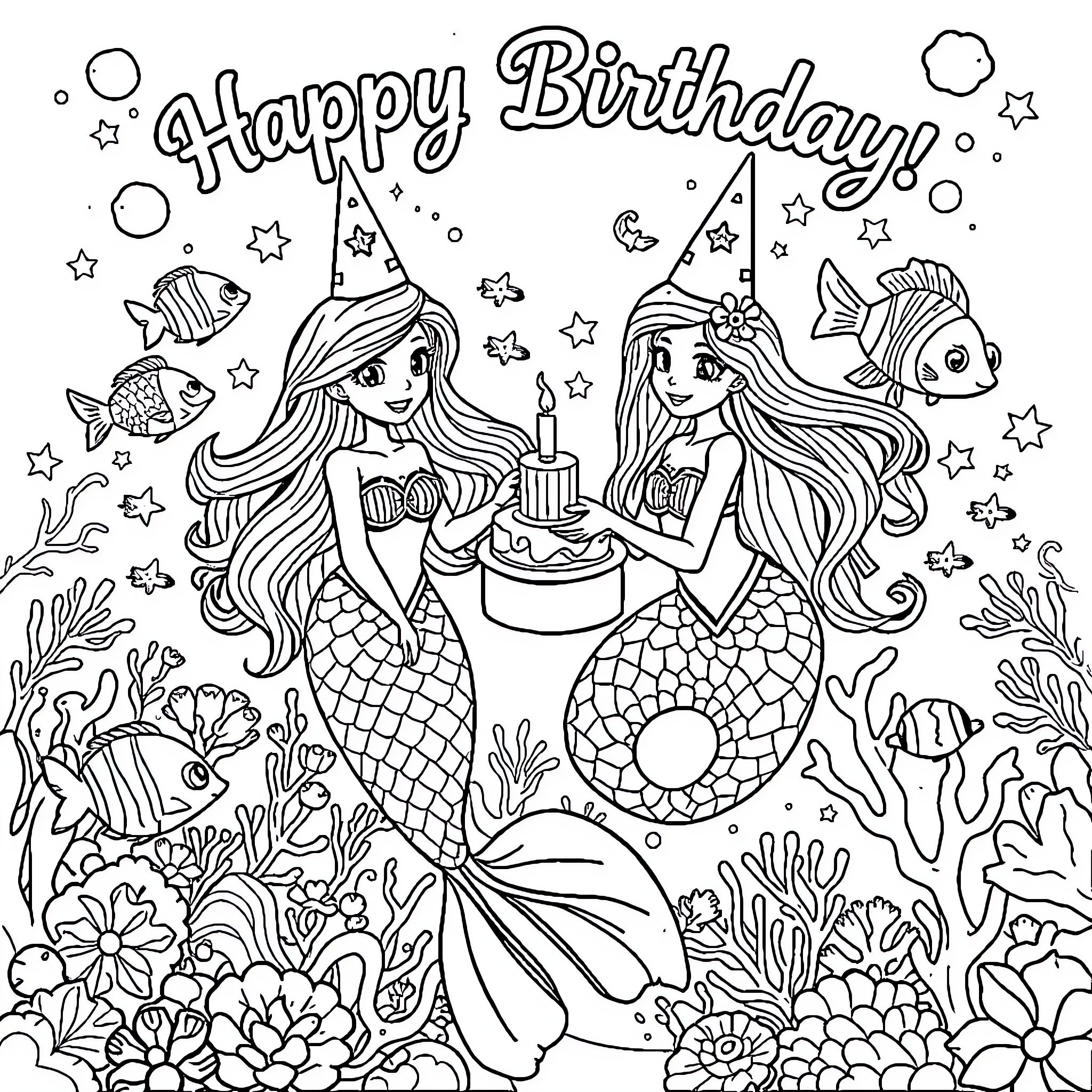 Mermaid Birthday Celebration with Underwater Decor Coloring Page (free black-and-white line drawing printable PDF for all, from beginners to advanced learners, including children, teens, adults, and seniors)