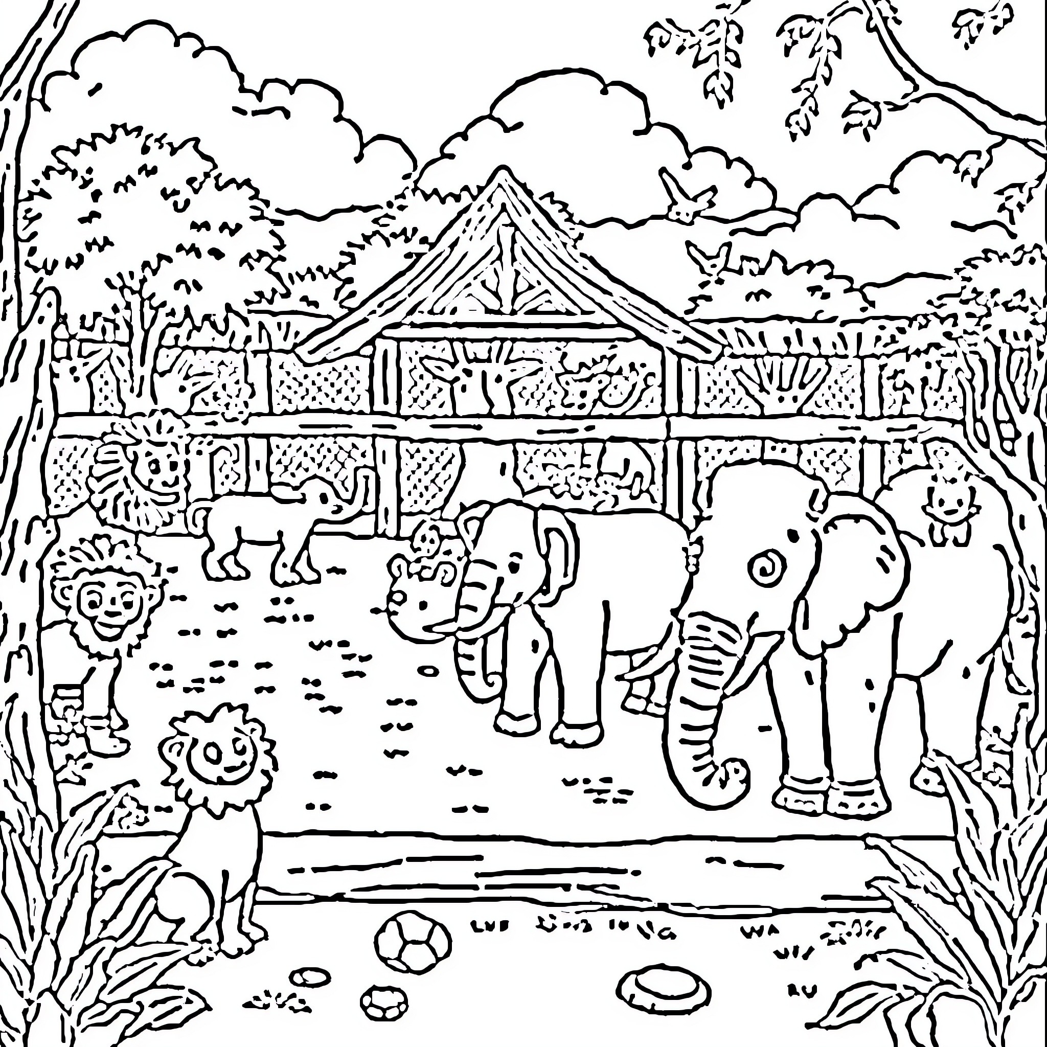 Zoo with diverse animals and structures Coloring Page (free black-and-white line drawing printable PDF for all, from beginners to advanced learners, including children, teens, adults, and seniors)