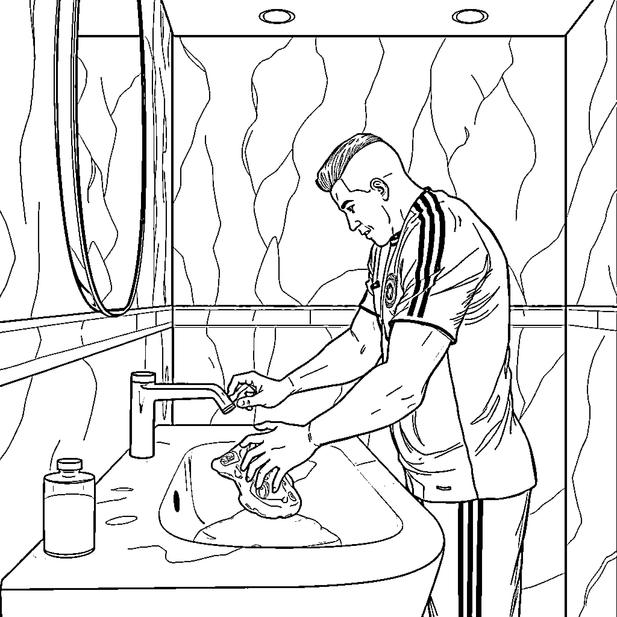 Cristiano Ronaldo washing hands in the bathroom Coloring Page (free black-and-white line drawing printable PDF for all, from beginners to advanced learners, including children, teens, adults, and seniors)