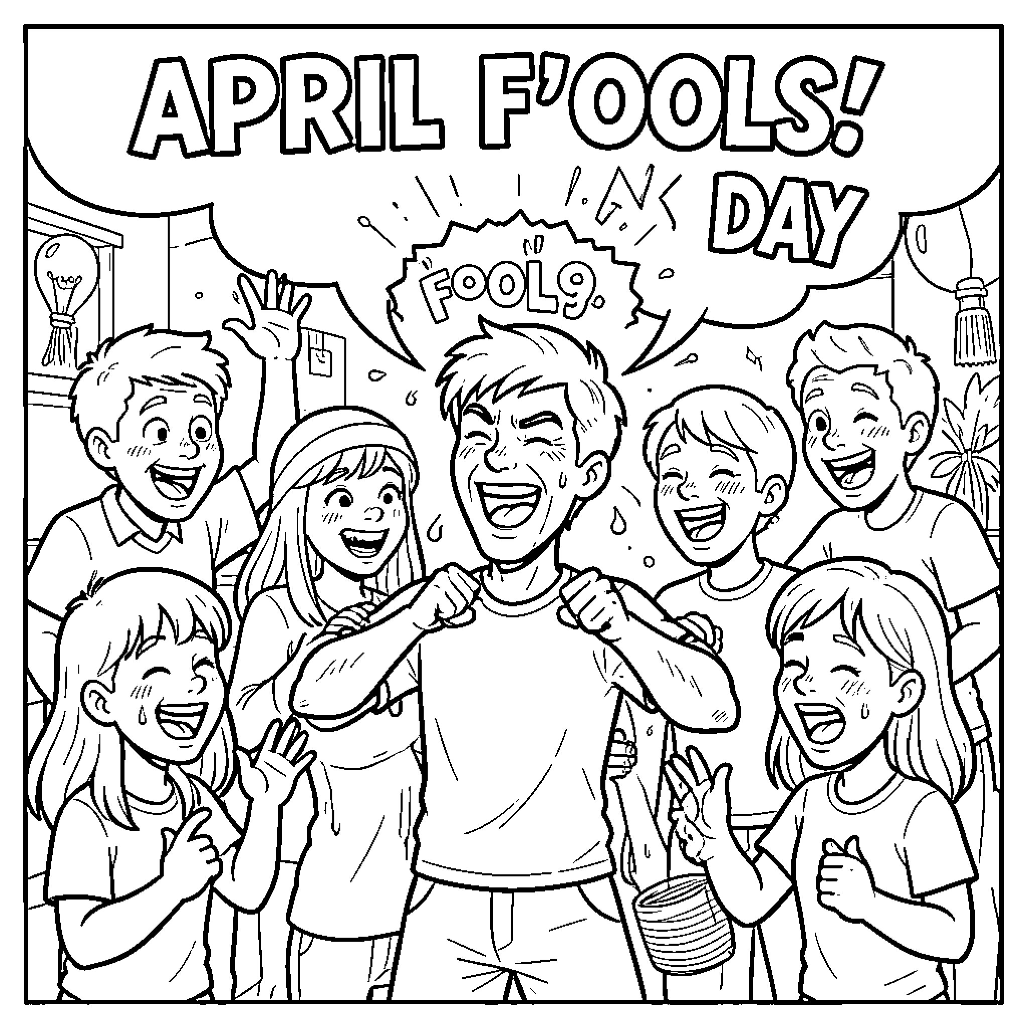 April Fools! Celebrating Mischievous Fun on a Joyous Day Coloring Page (free black-and-white line drawing printable PDF for all, from beginners to advanced learners, including children, teens, adults, and seniors)