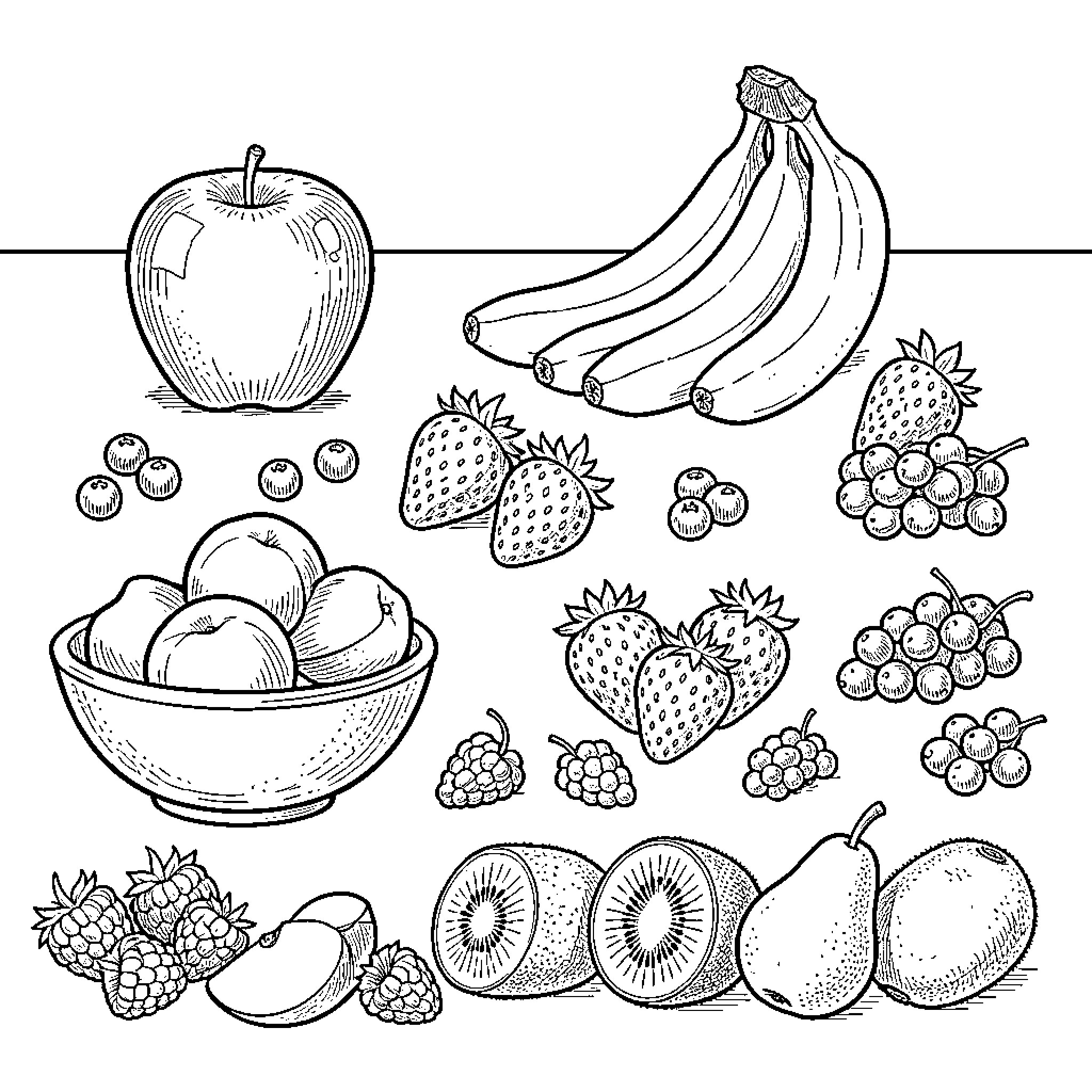Fruit arranged in various groupings on a surface Coloring Page (free black-and-white line drawing printable PDF for all, from beginners to advanced learners, including children, teens, adults, and seniors)
