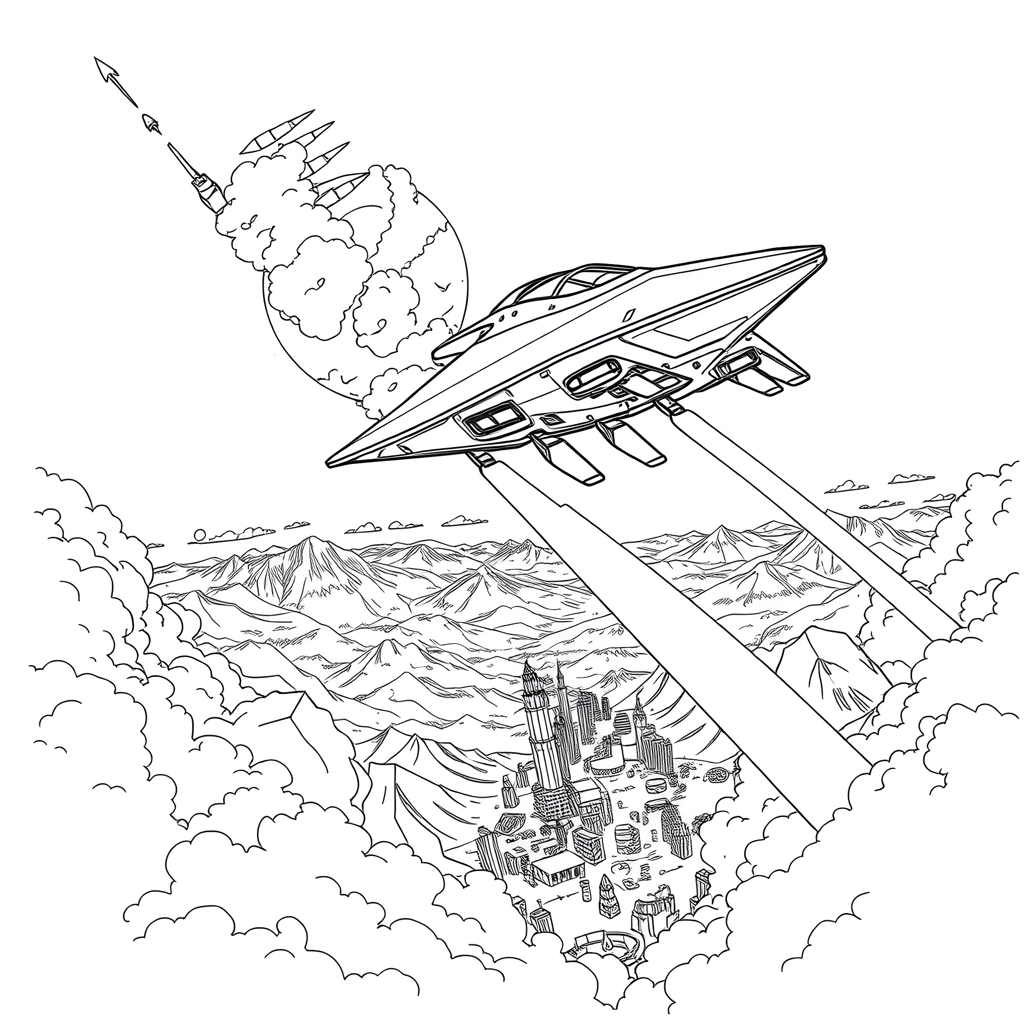 Spaceship exploring an alien cityscape Coloring Page (free black-and-white line drawing printable PDF for all, from beginners to advanced learners, including children, teens, adults, and seniors)